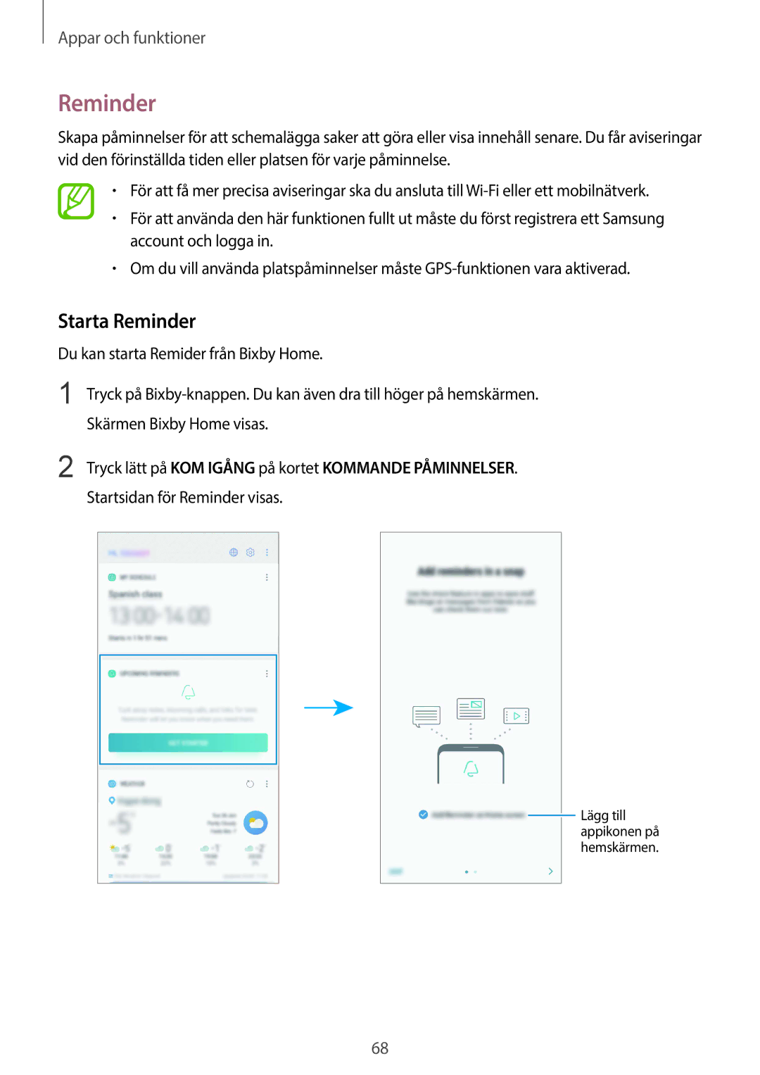 Samsung SM-G960FZPDNEE, SM-G960FZKDNEE manual Starta Reminder, Tryck lätt på KOM Igång på kortet Kommande Påminnelser 