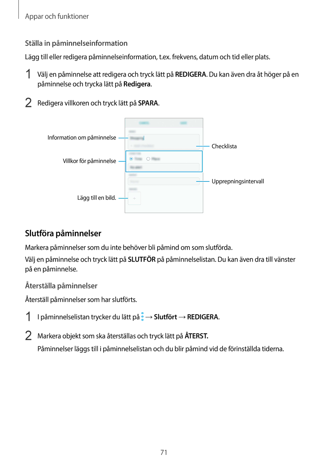 Samsung SM-G965FZPDNEE, SM-G960FZKDNEE manual Slutföra påminnelser, Ställa in påminnelseinformation, Återställa påminnelser 