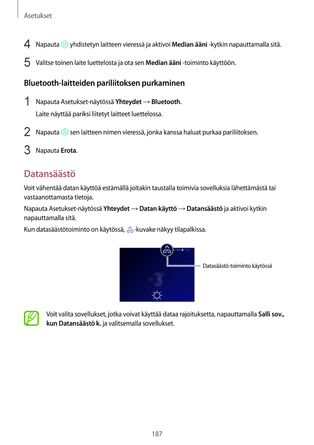 Samsung SM-G960FZBDNEE, SM-G960FZKDNEE, SM-G960FZPDNEE manual Datansäästö, Bluetooth-laitteiden pariliitoksen purkaminen 