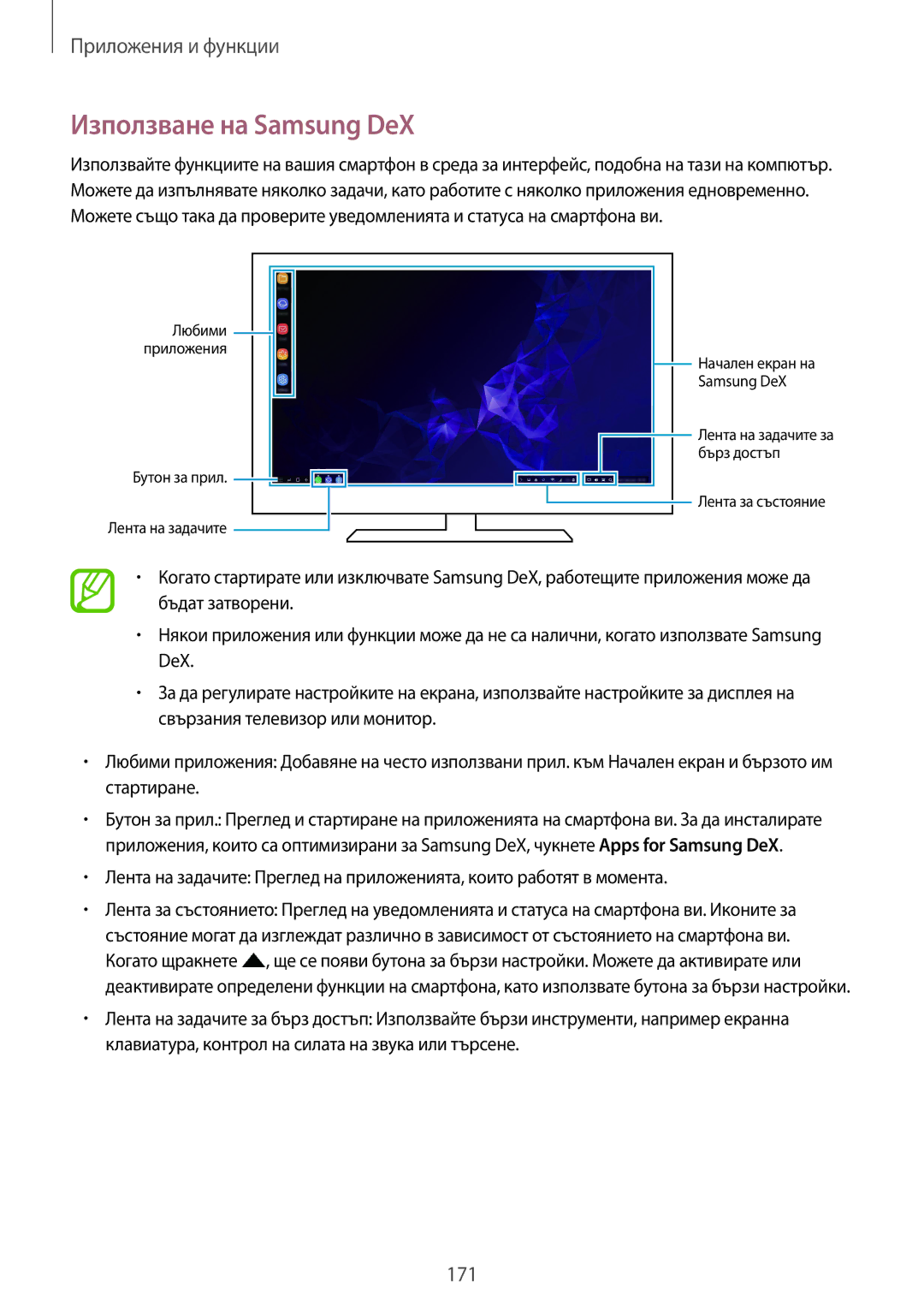 Samsung SM-G965FZBDBGL, SM-G960FZPDBGL, SM-G960FZKDBGL, SM-G960FZBDBGL, SM-G965FZKDBGL manual Използване на Samsung DeX 