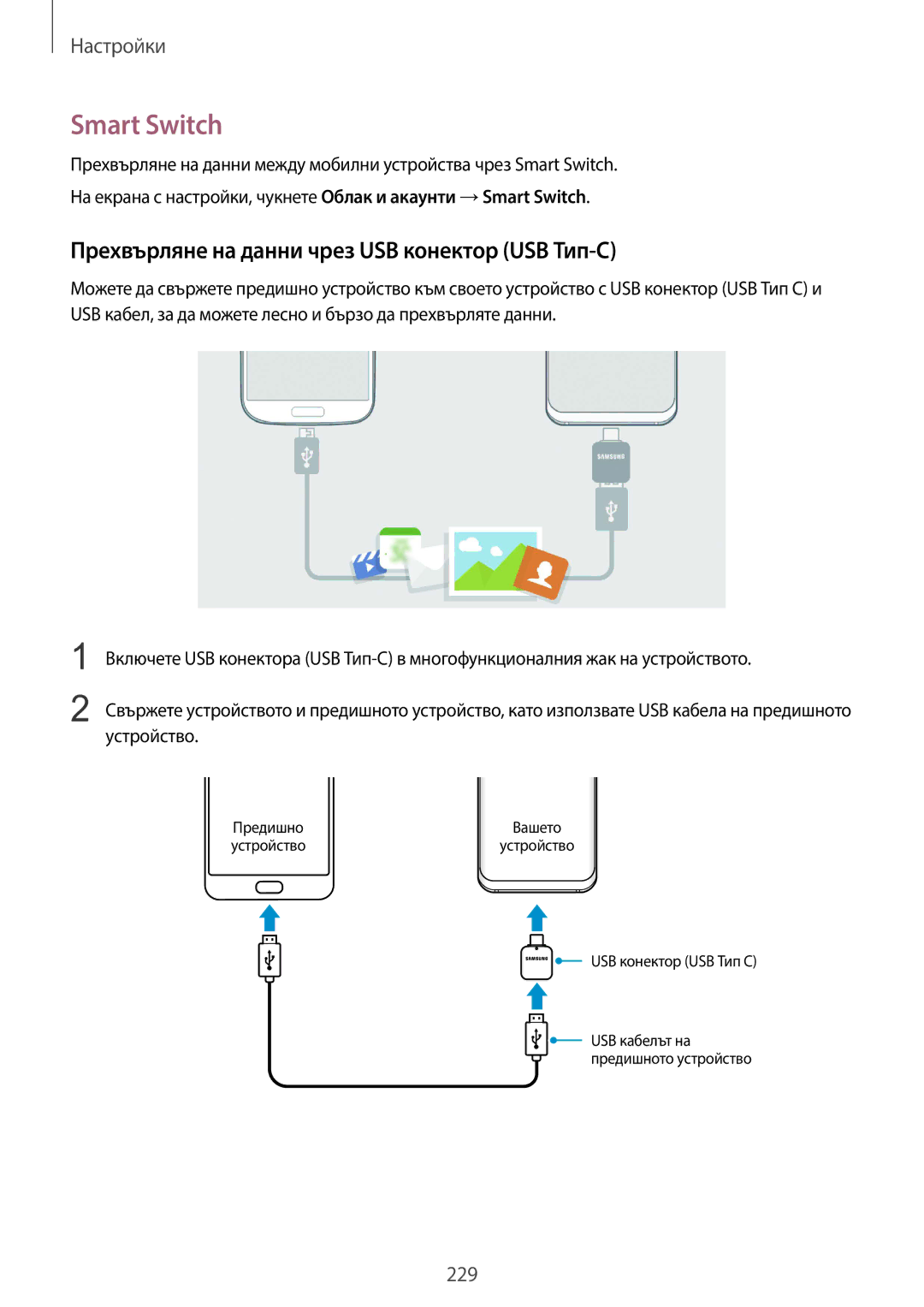 Samsung SM-G960FZKDBGL, SM-G960FZPDBGL, SM-G960FZBDBGL manual Smart Switch, Прехвърляне на данни чрез USB конектор USB Тип-C 