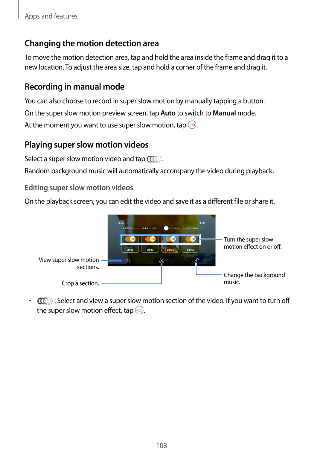 Samsung SM-G960FZBDVGR Changing the motion detection area, Recording in manual mode, Playing super slow motion videos 