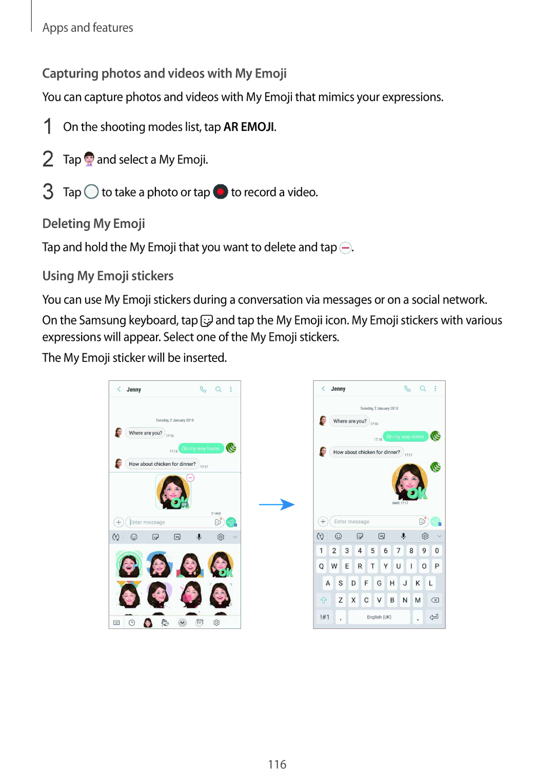 Samsung SM-G965FZKEILO manual Capturing photos and videos with My Emoji, Deleting My Emoji, Using My Emoji stickers 