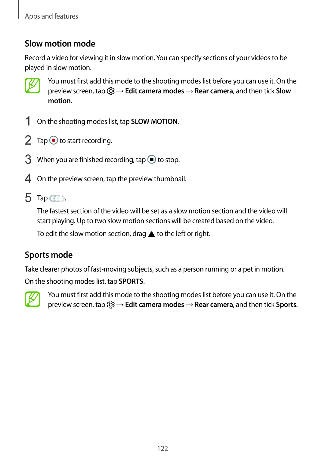 Samsung SM-G960FZPAPAN manual Slow motion mode, Sports mode, To edit the slow motion section, drag to the left or right 