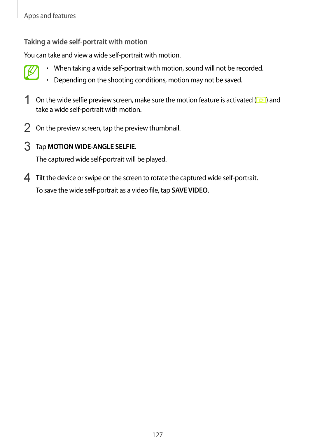 Samsung SM-G965FZKHSER, SM-G960FZPDDBT manual Taking a wide self-portrait with motion, Tap Motion WIDE-ANGLE Selfie 