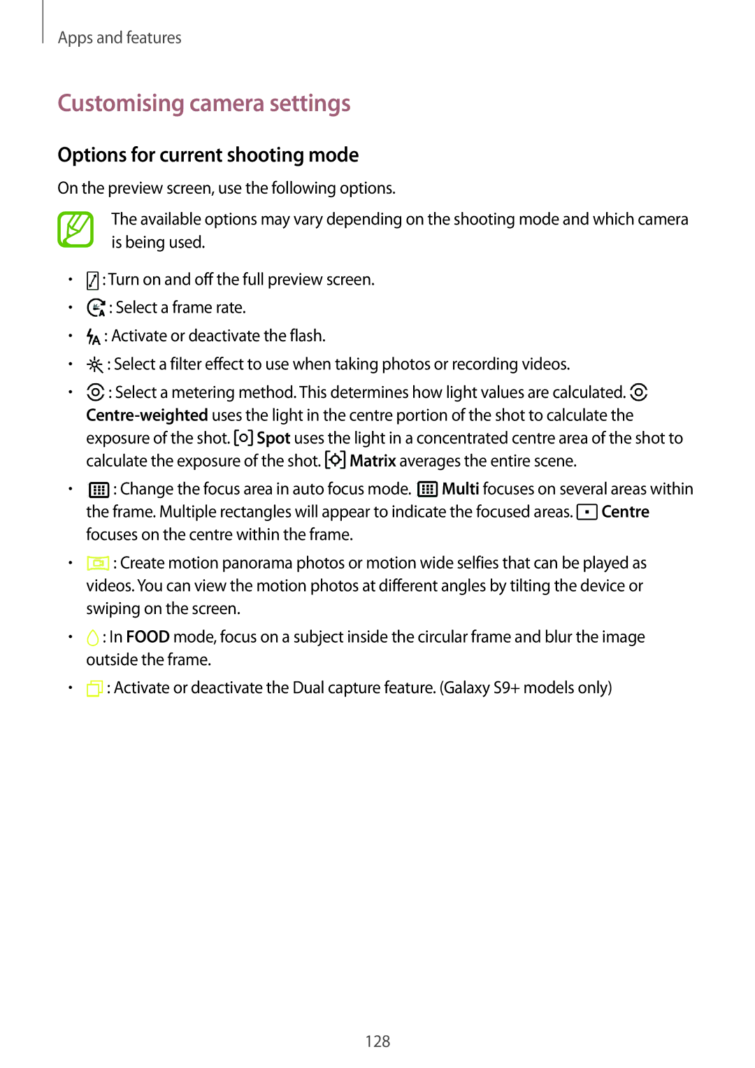 Samsung SM-G965FZPDSER, SM-G960FZPDDBT, SM-G960FZAHDBT manual Customising camera settings, Options for current shooting mode 