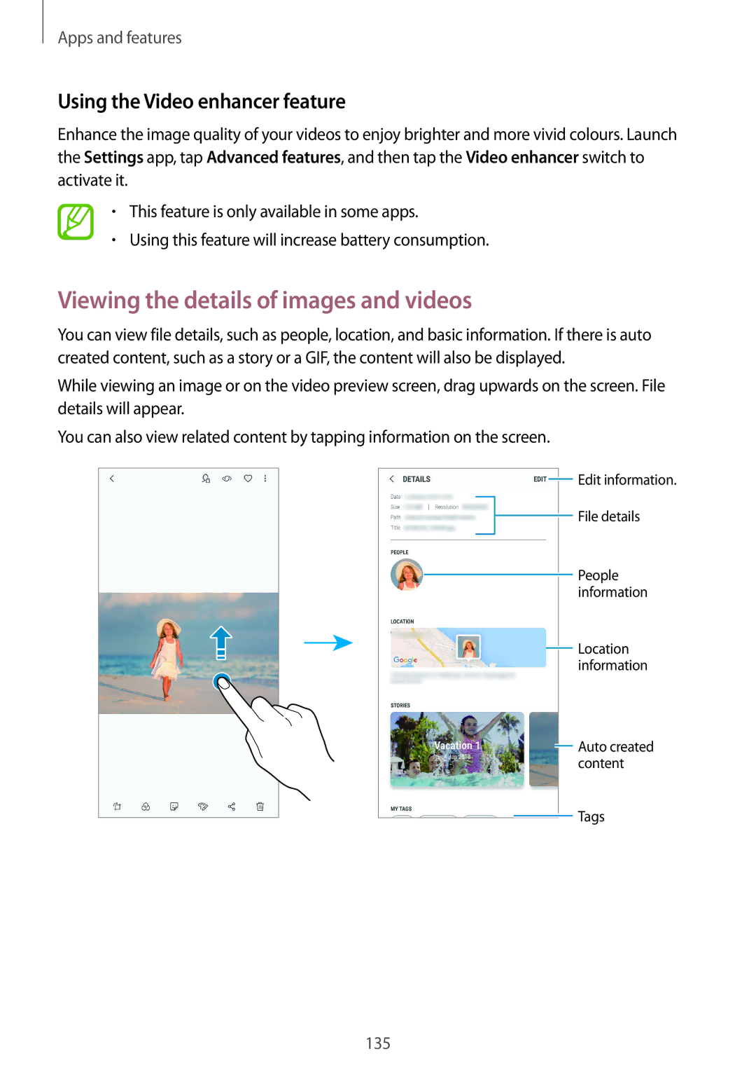 Samsung SM-G960FZBADBT, SM-G960FZPDDBT manual Viewing the details of images and videos, Using the Video enhancer feature 