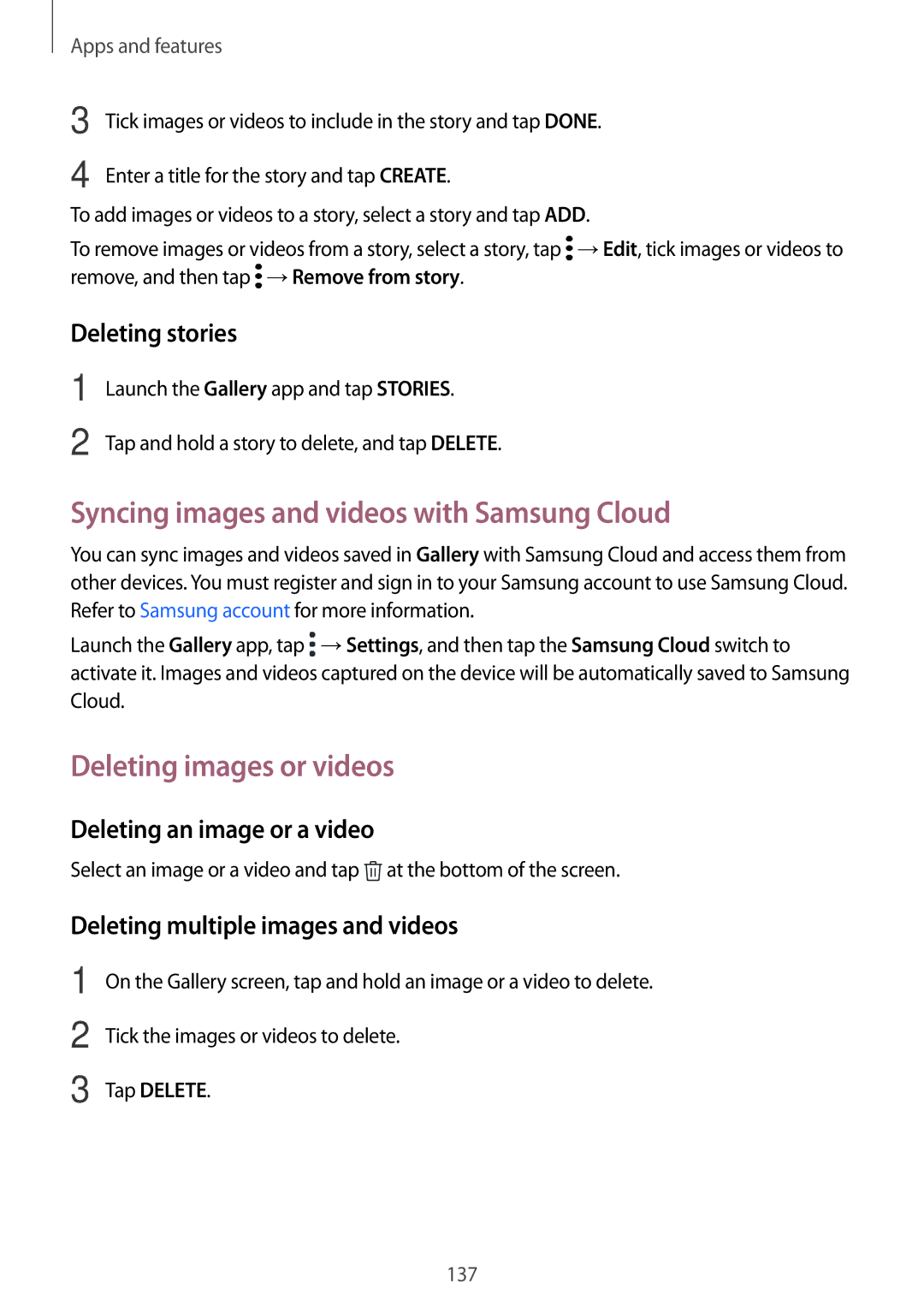 Samsung SM-G965FZKADBT manual Syncing images and videos with Samsung Cloud, Deleting images or videos, Deleting stories 