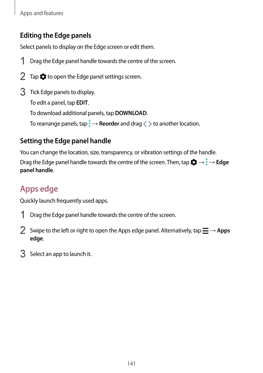 Samsung SM-G965FZKHDBT, SM-G960FZPDDBT, SM-G960FZAHDBT Apps edge, Editing the Edge panels, Setting the Edge panel handle 