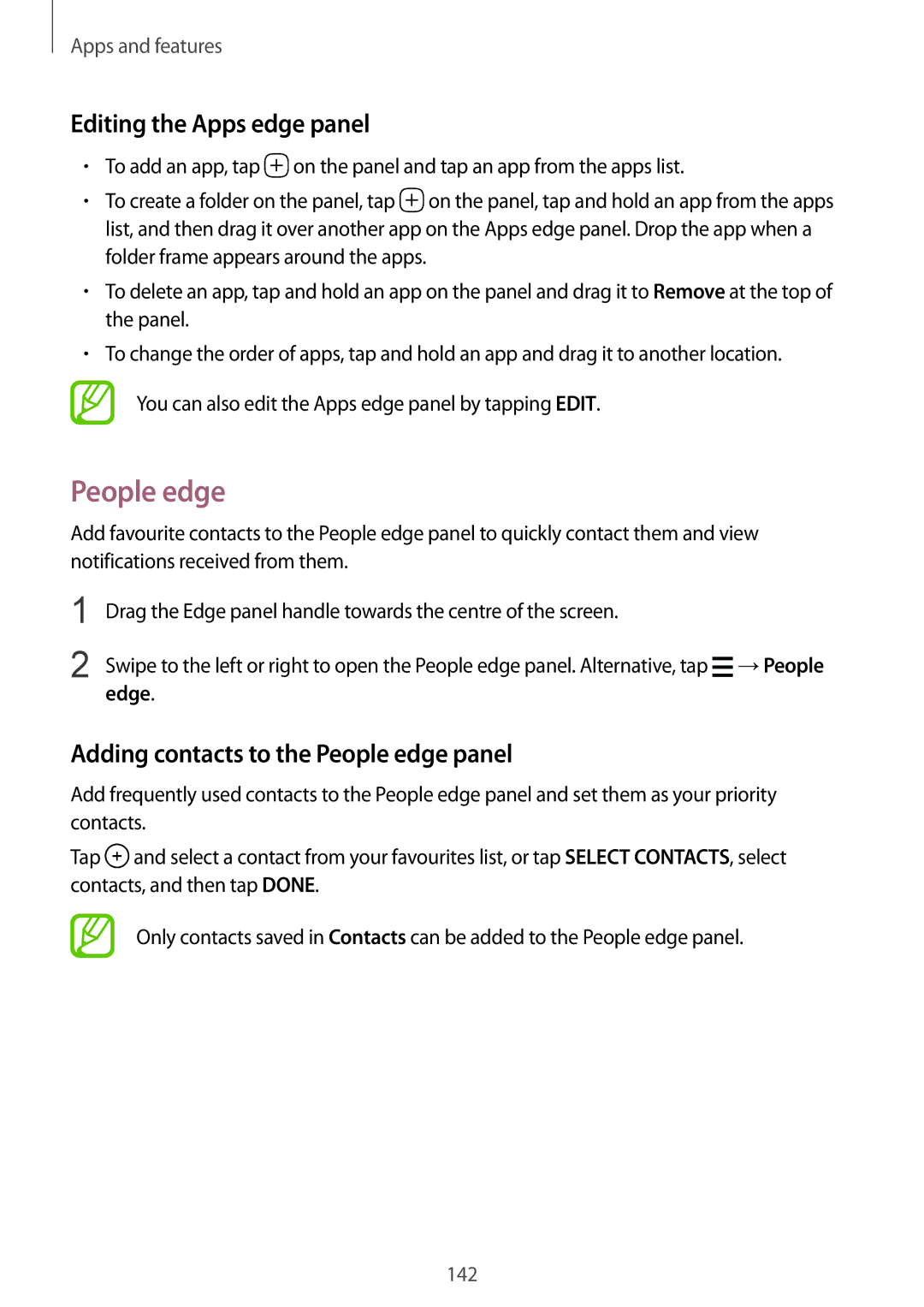 Samsung SM-G965FZPDDBT, SM-G960FZPDDBT manual Editing the Apps edge panel, Adding contacts to the People edge panel 