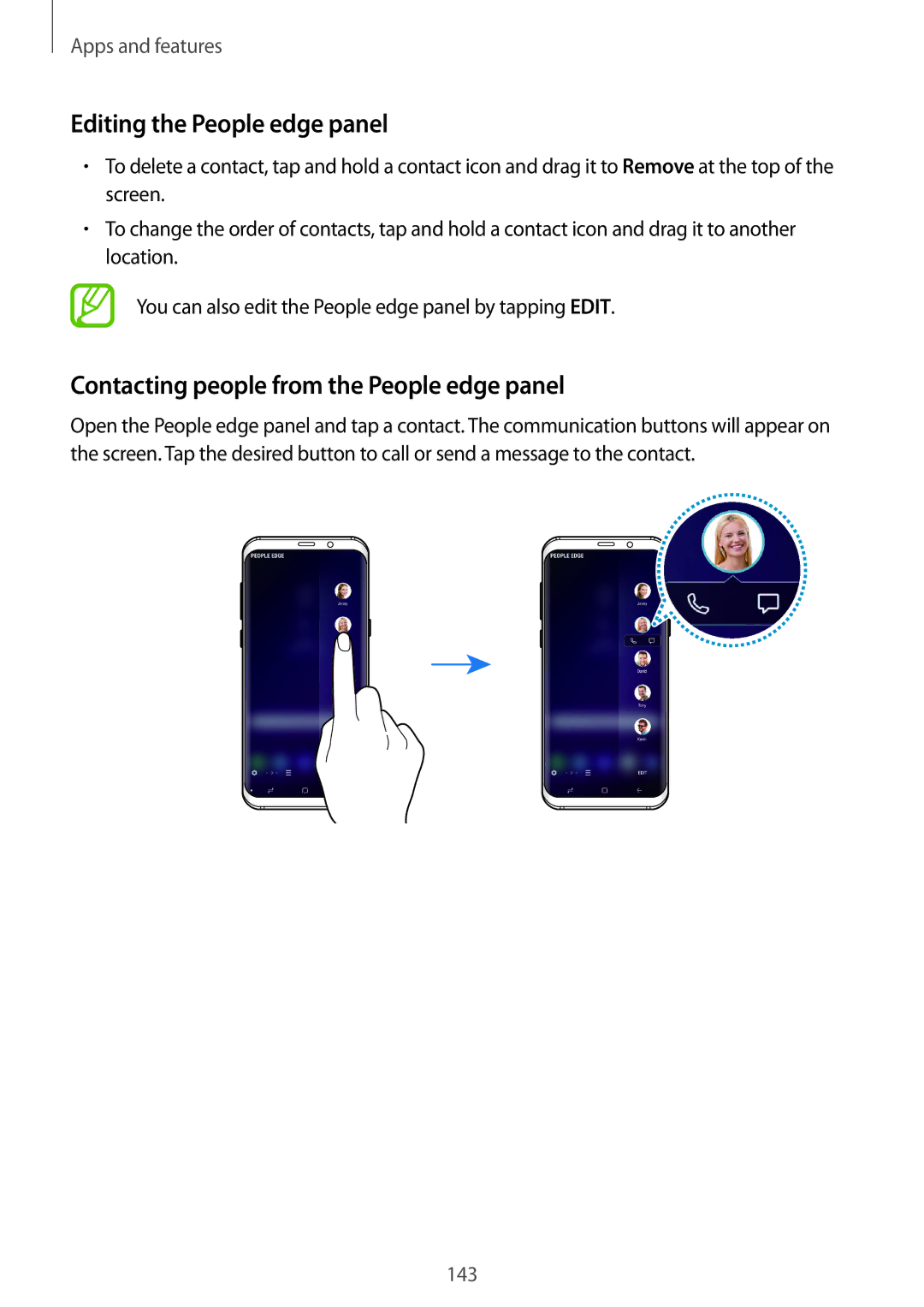 Samsung SM-G965FZAHDBT, SM-G960FZPDDBT manual Editing the People edge panel, Contacting people from the People edge panel 