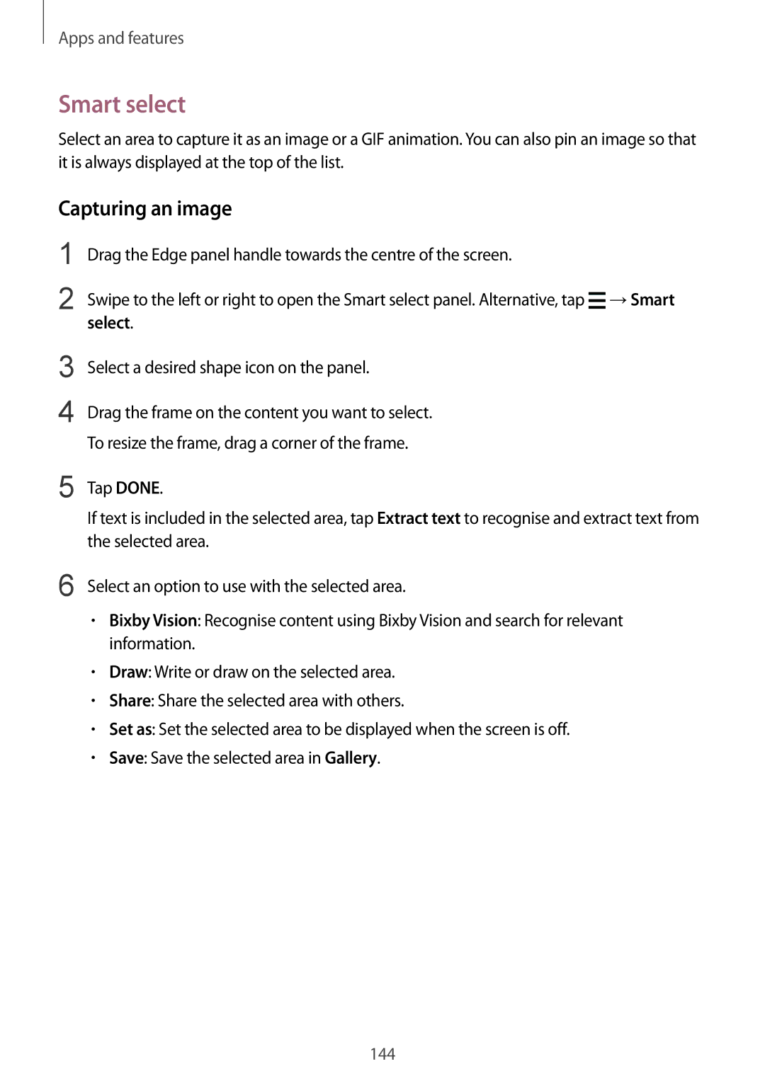 Samsung SM-G965FZPHDBT, SM-G960FZPDDBT, SM-G960FZAHDBT, SM-G960FZBDDBT manual Smart select, Capturing an image, Select 