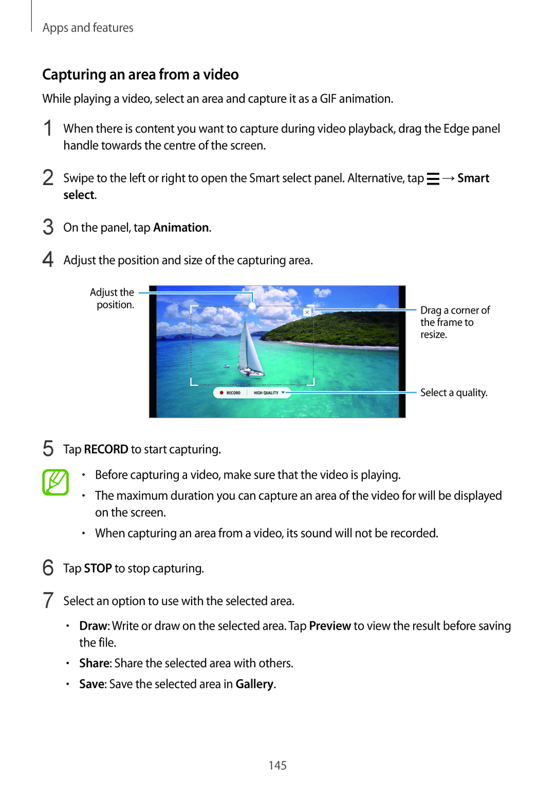 Samsung SM-G965FZKDDBT, SM-G960FZPDDBT, SM-G960FZAHDBT, SM-G960FZBDDBT, SM-G960FZBADBT manual Capturing an area from a video 