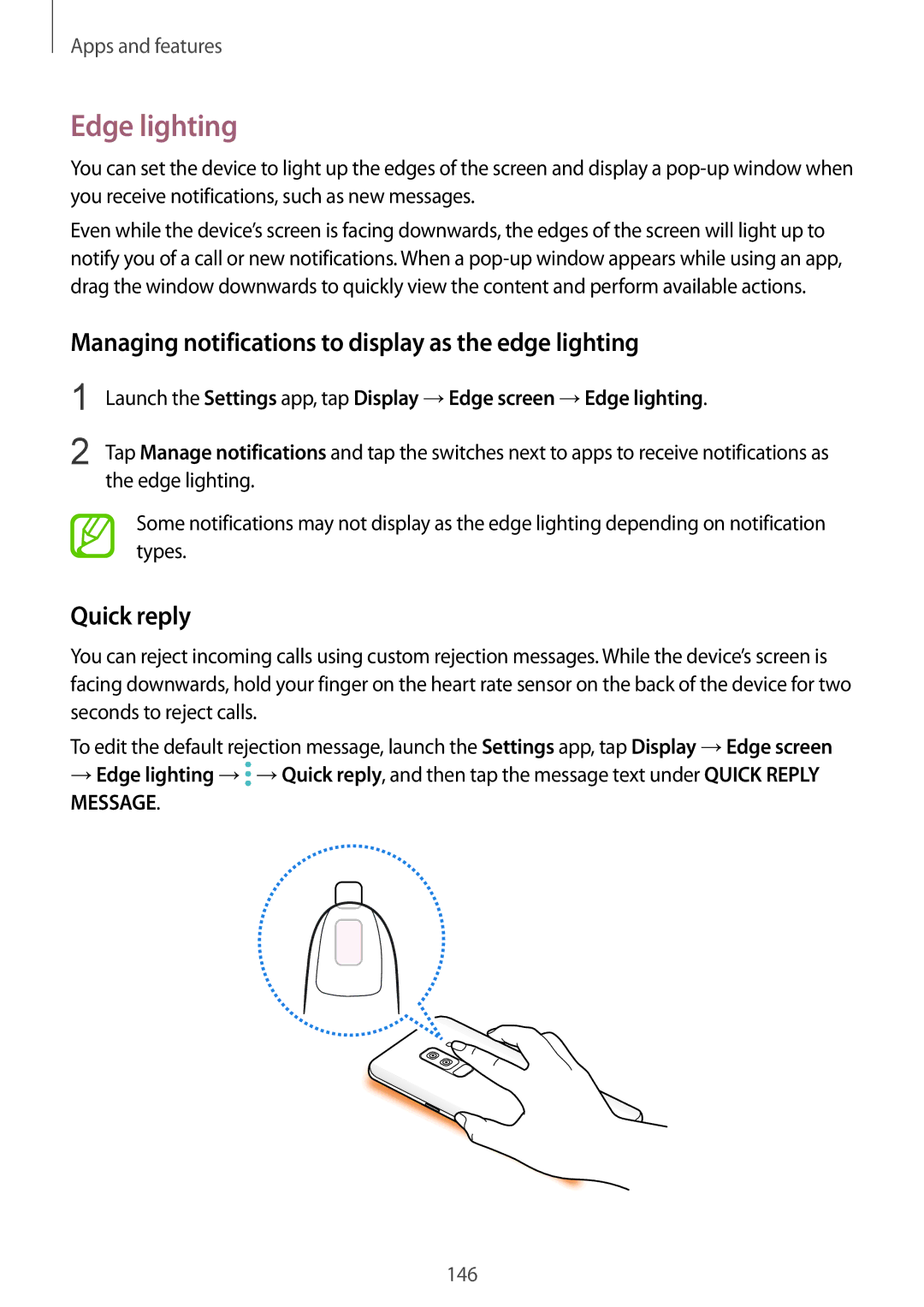 Samsung SM-G960FZKHDBT, SM-G960FZPDDBT Edge lighting, Managing notifications to display as the edge lighting, Quick reply 