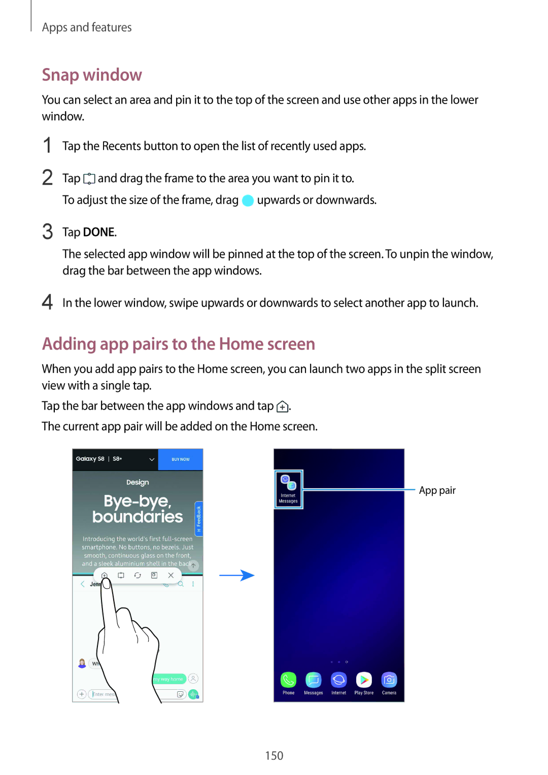 Samsung SM-G960FZBAFTM, SM-G960FZPDDBT, SM-G960FZAHDBT, SM-G960FZBDDBT manual Snap window, Adding app pairs to the Home screen 