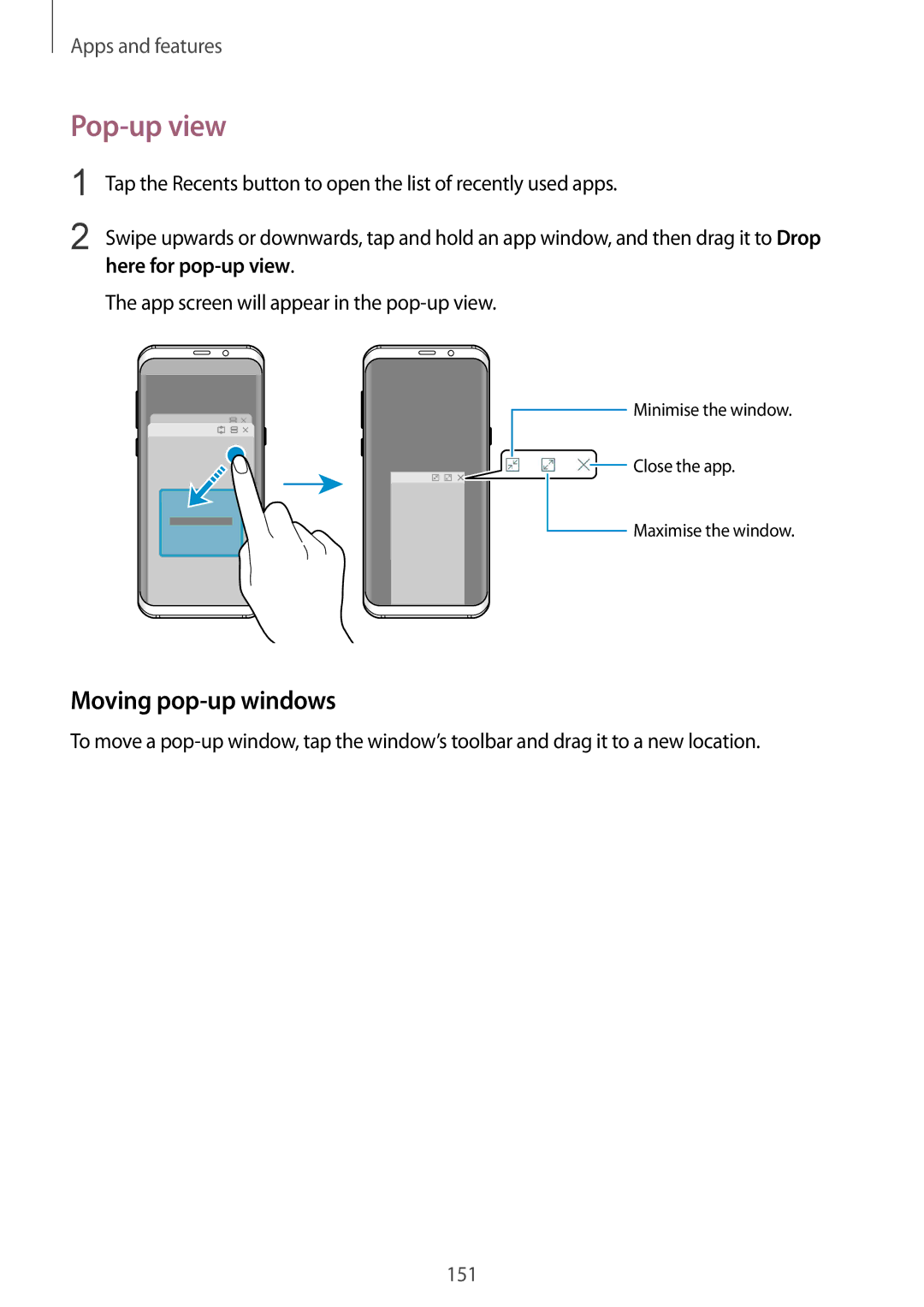 Samsung SM-G960FZKAFTM Pop-up view, Moving pop-up windows, Here for pop-up view, App screen will appear in the pop-up view 