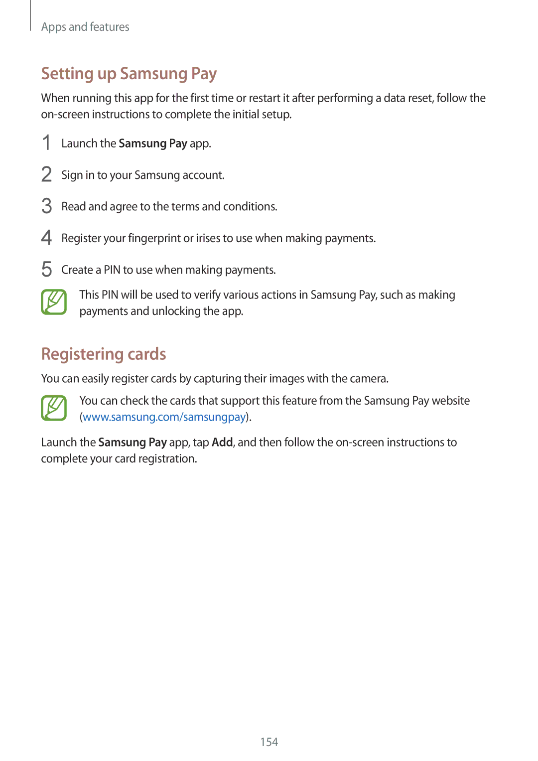 Samsung SM-G965FZBATIM, SM-G960FZPDDBT, SM-G960FZAHDBT, SM-G960FZBDDBT manual Setting up Samsung Pay, Registering cards 