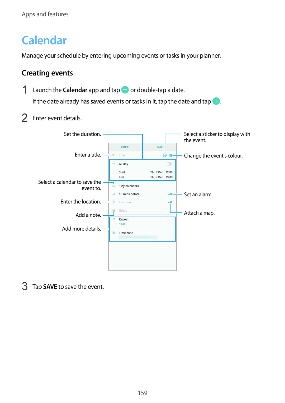 Samsung SM-G965FZBAHUI Calendar, Creating events, Or double-tap a date, Enter event details, Tap Save to save the event 