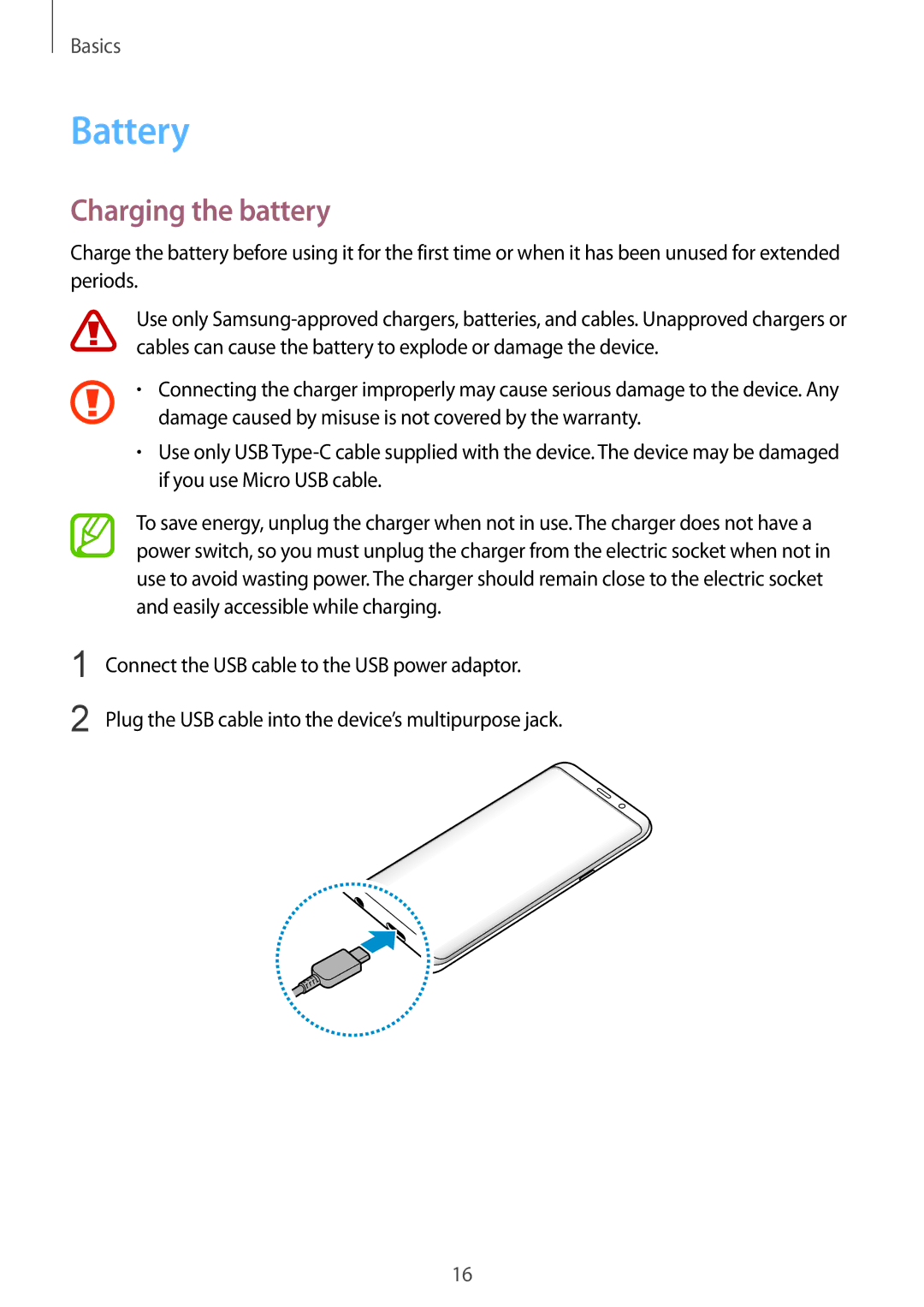 Samsung SM-G965FZKAFTM, SM-G960FZPDDBT, SM-G960FZAHDBT, SM-G960FZBDDBT, SM-G960FZBADBT manual Battery, Charging the battery 