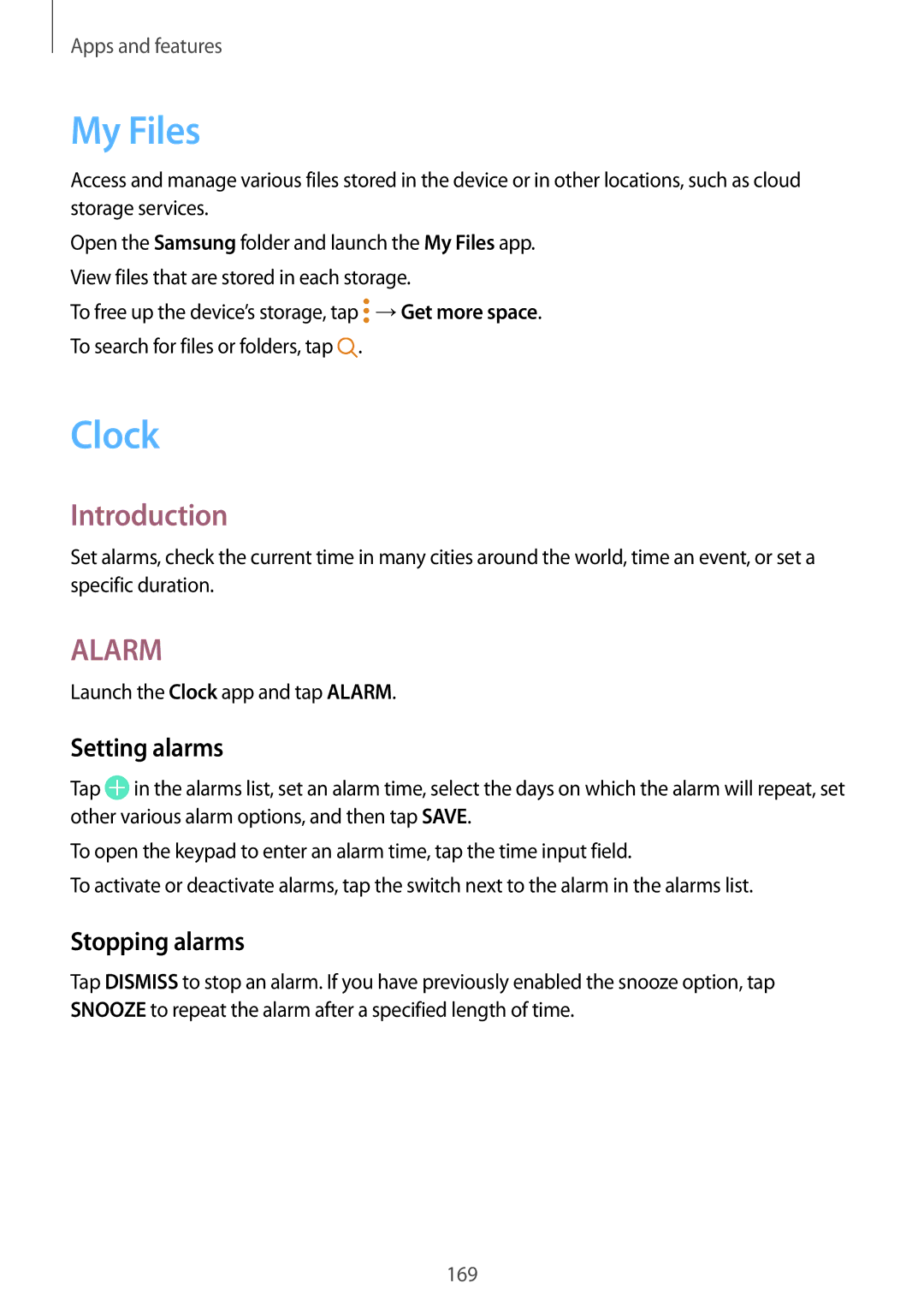 Samsung SM-G960FZBAOMN, SM-G960FZPDDBT My Files, Setting alarms, Stopping alarms, Launch the Clock app and tap Alarm 