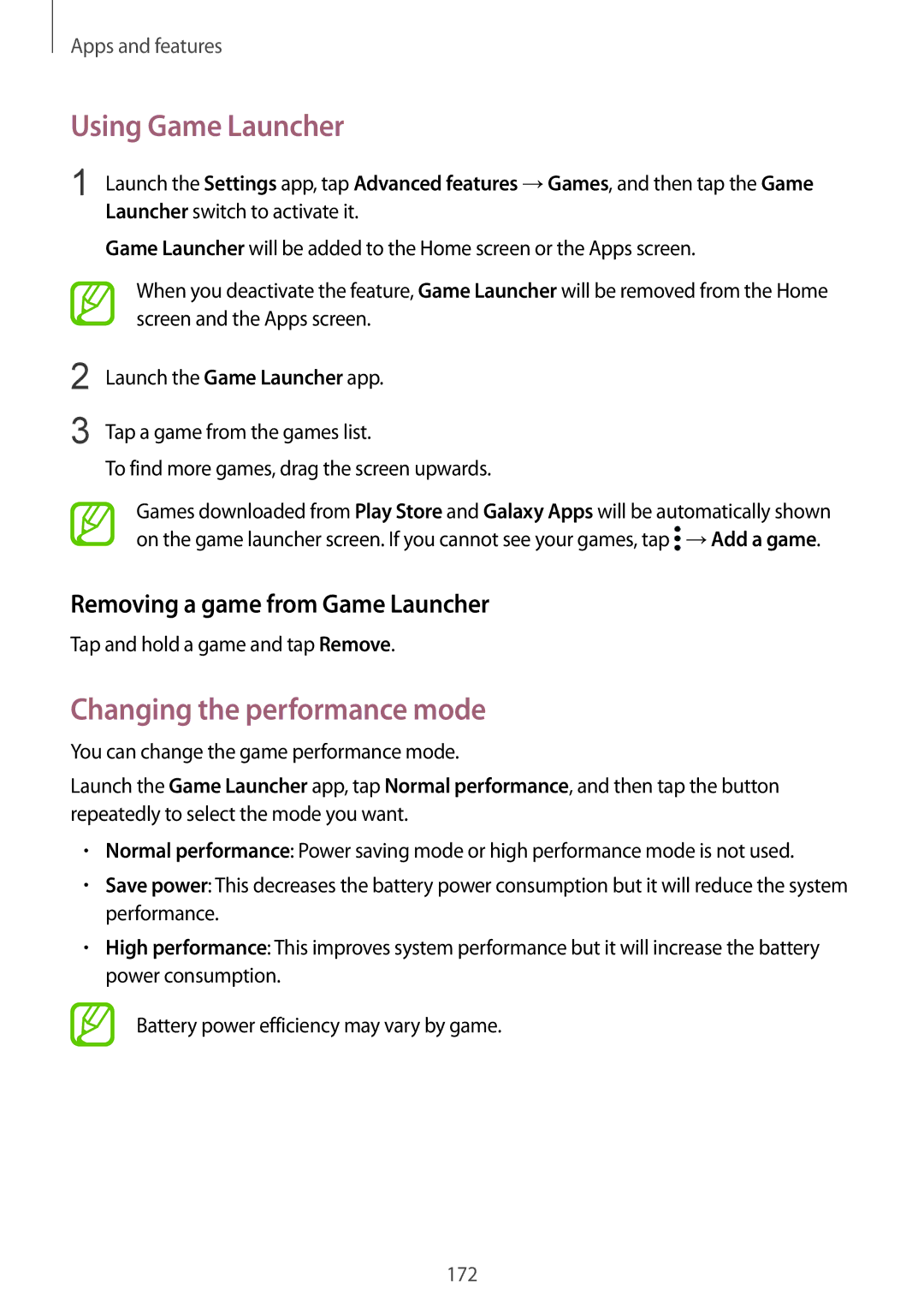 Samsung SM-G960FZBAATL manual Using Game Launcher, Changing the performance mode, Removing a game from Game Launcher 