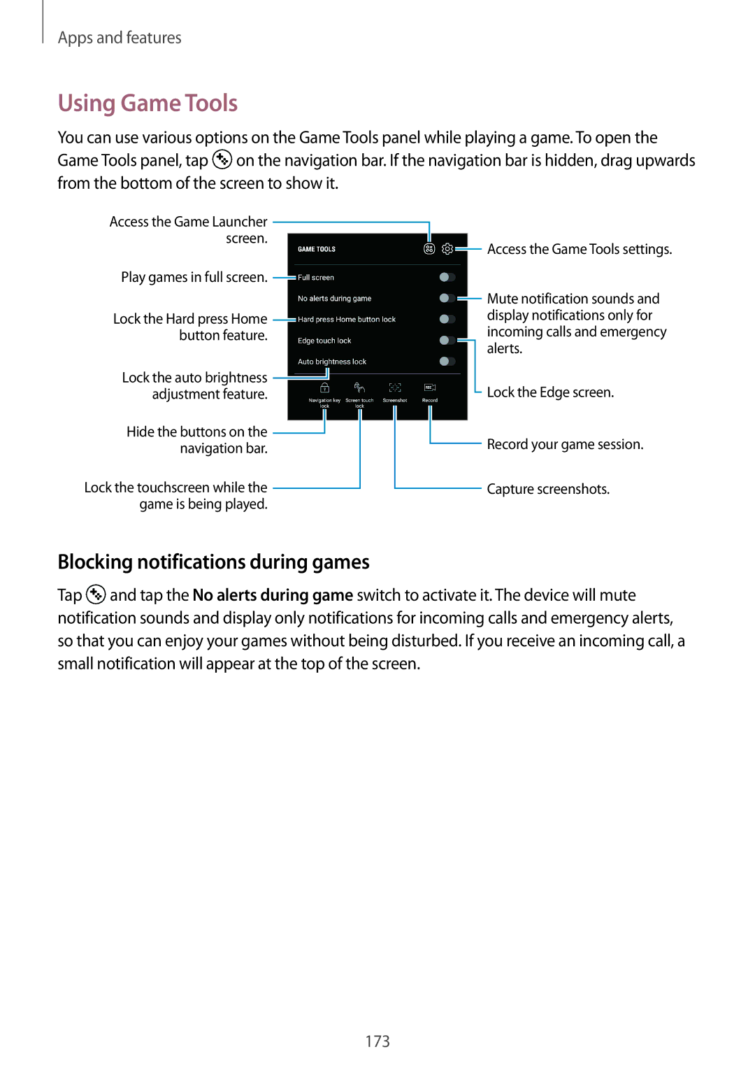 Samsung SM-G960FZPAATL, SM-G960FZPDDBT, SM-G960FZAHDBT, SM-G960FZBDDBT Using Game Tools, Blocking notifications during games 