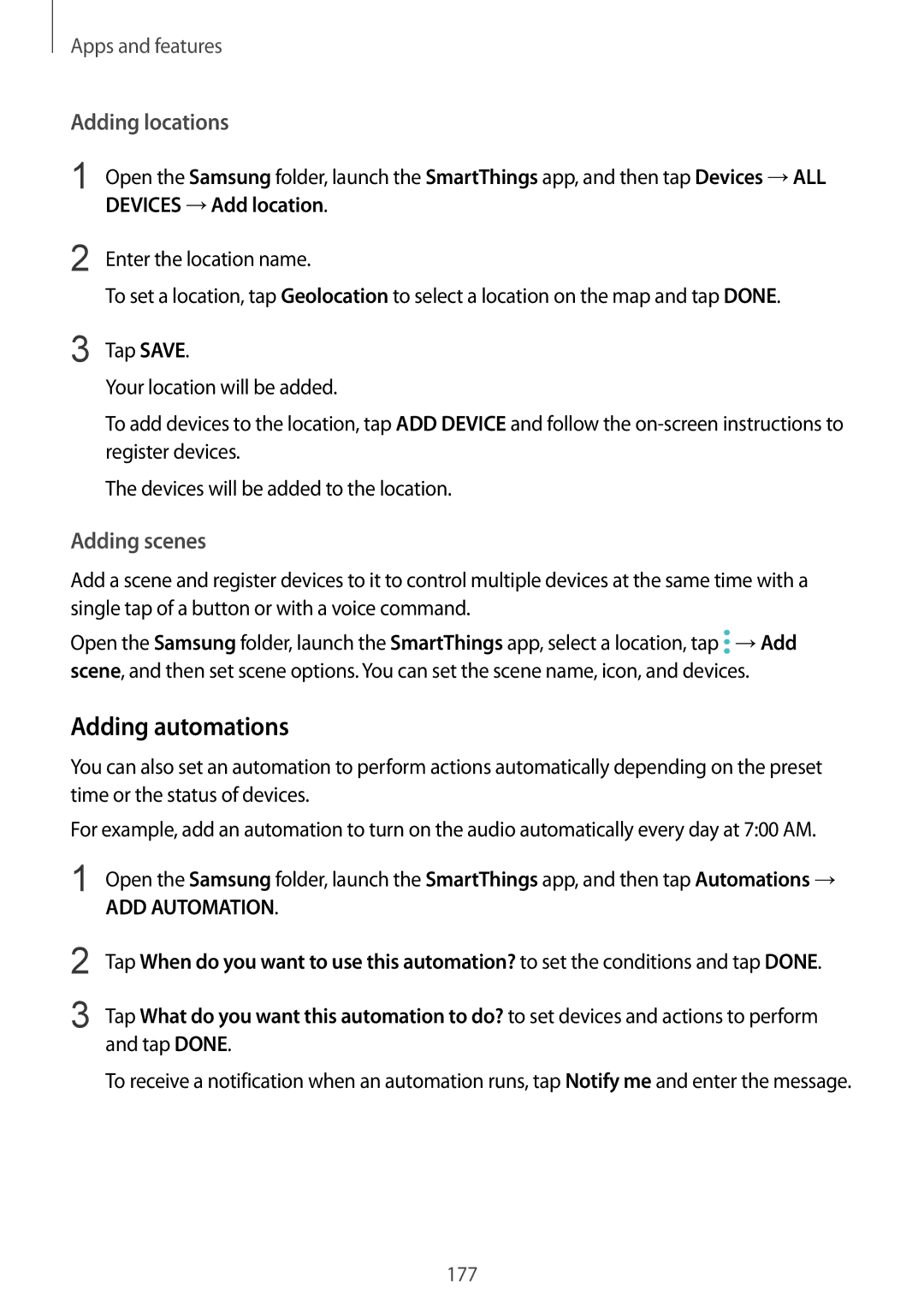 Samsung SM-G965FZBASEE, SM-G960FZPDDBT manual Adding automations, Adding locations, Adding scenes, Devices →Add location 