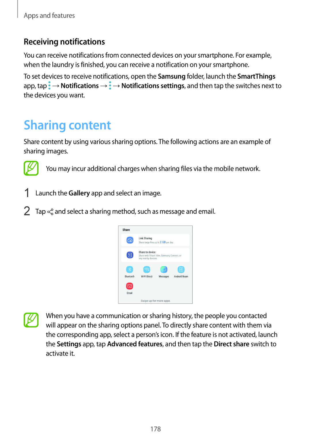 Samsung SM-G960FZBASEE, SM-G960FZPDDBT, SM-G960FZAHDBT, SM-G960FZBDDBT manual Sharing content, Receiving notifications 