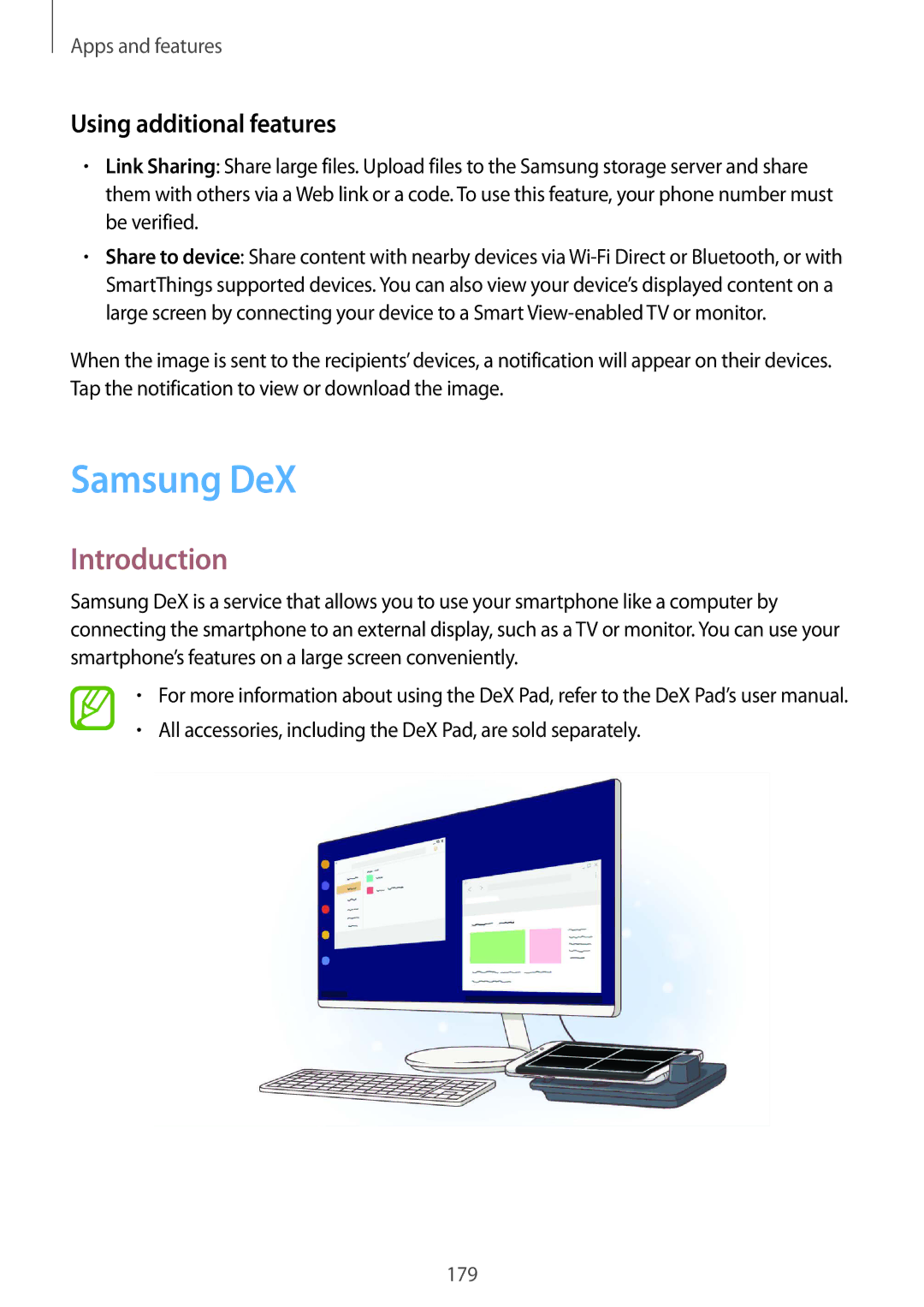 Samsung SM-G960FZPASEE Samsung DeX, Using additional features, All accessories, including the DeX Pad, are sold separately 