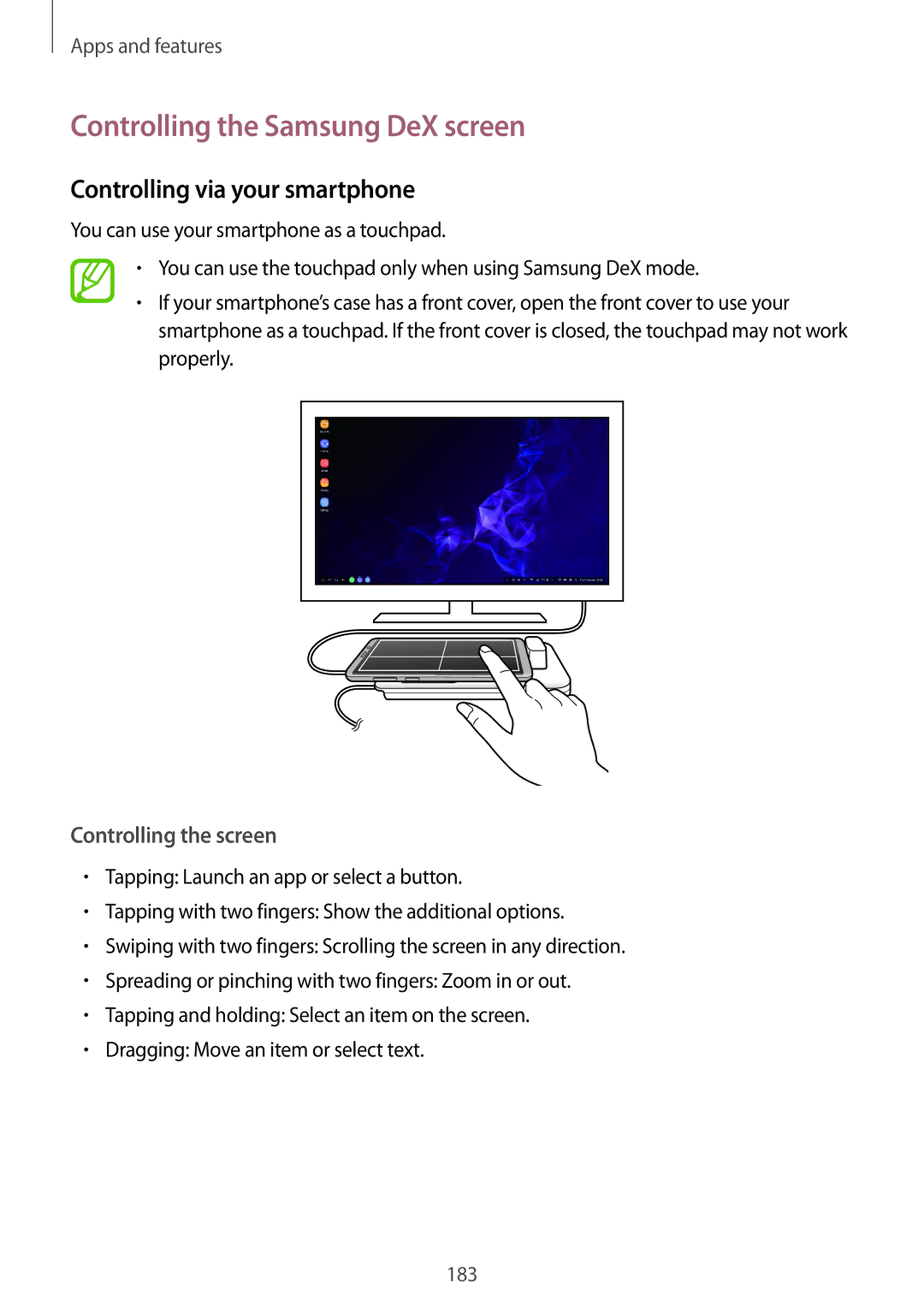 Samsung SM-G965FZKGXXV manual Controlling the Samsung DeX screen, Controlling via your smartphone, Controlling the screen 