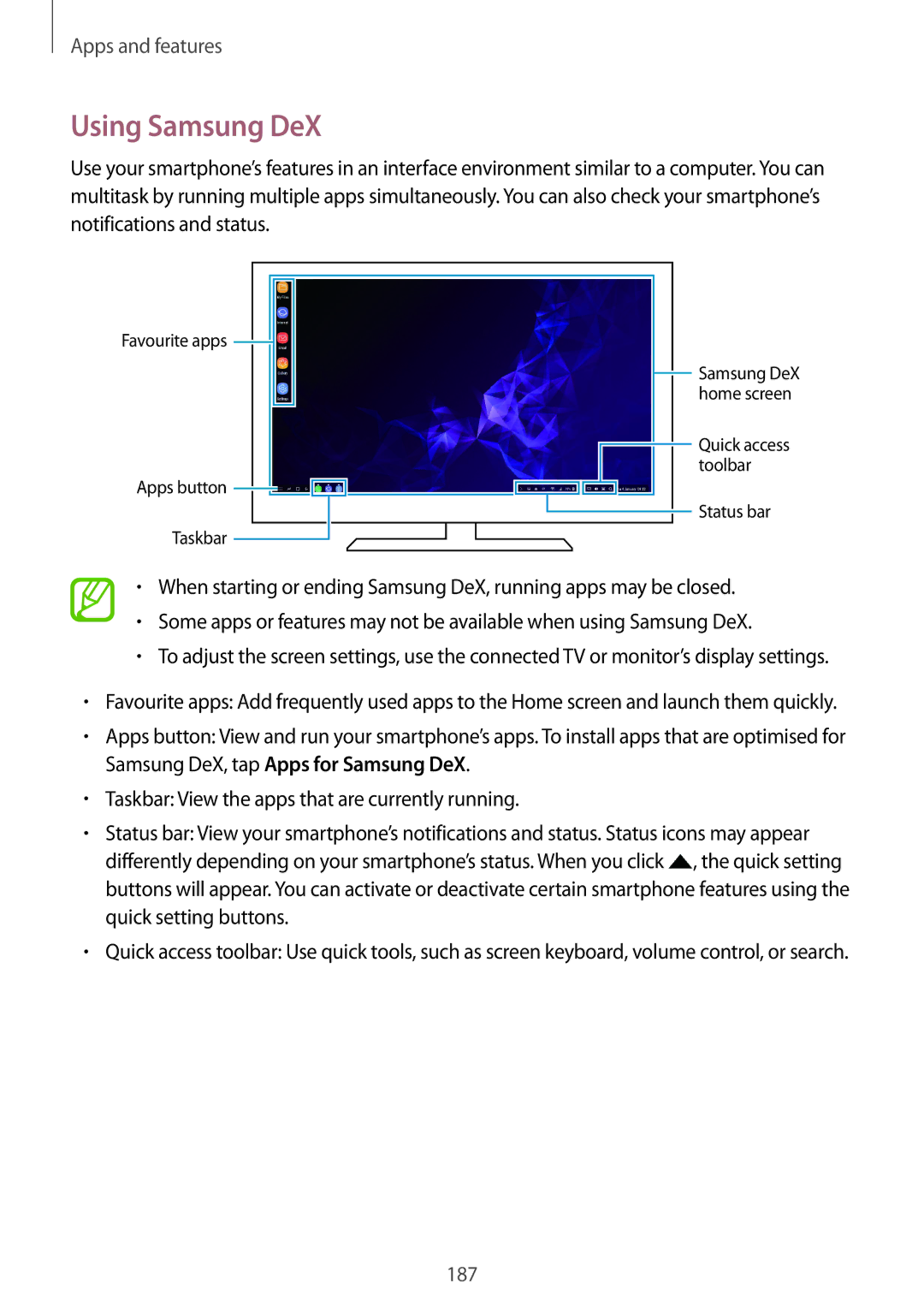 Samsung SM-G960FZKDBGL, SM-G960FZPDDBT, SM-G960FZAHDBT, SM-G960FZBDDBT, SM-G960FZBADBT, SM-G960FZPADBT manual Using Samsung DeX 