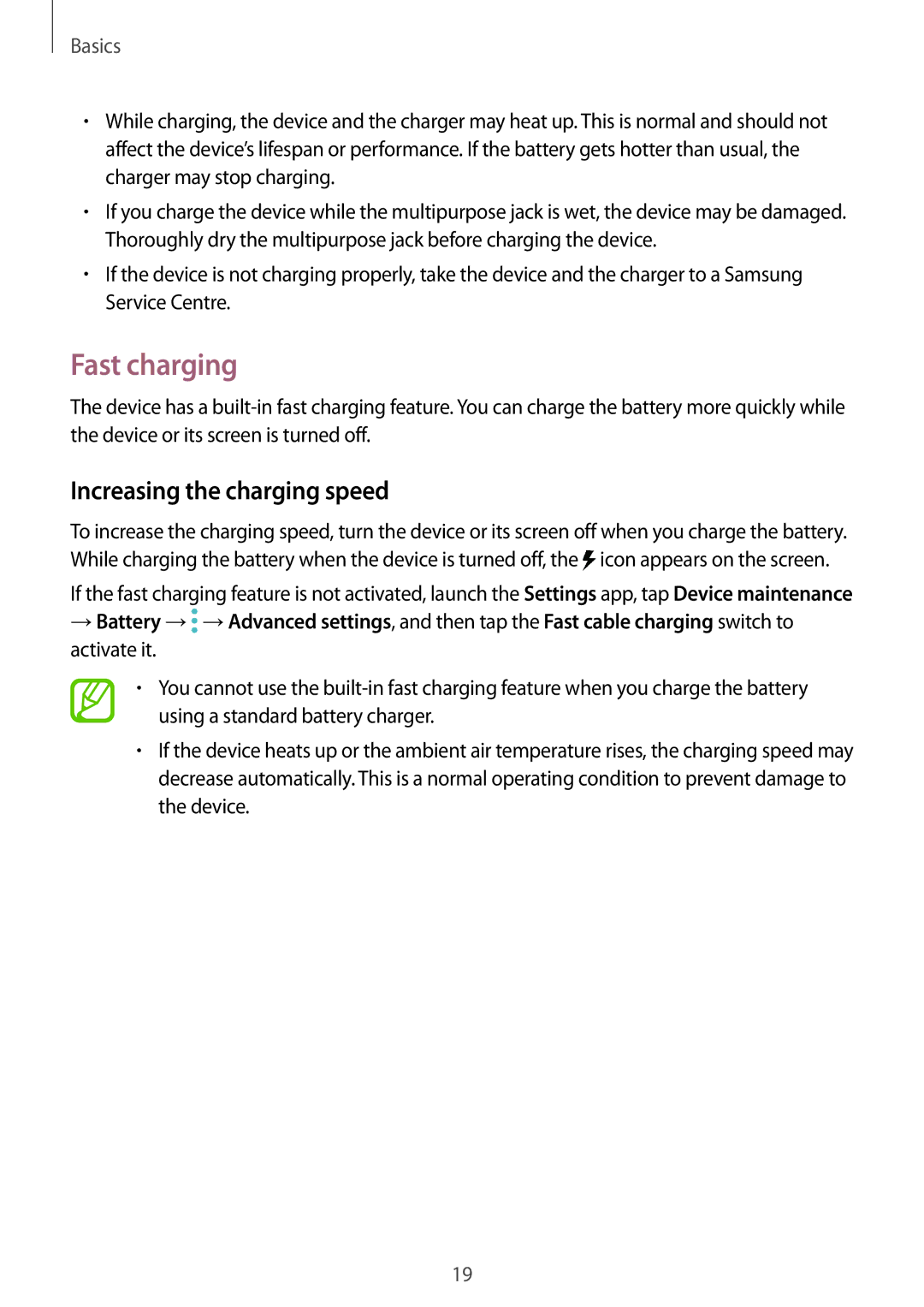 Samsung SM-G960FZKAFTM, SM-G960FZPDDBT, SM-G960FZAHDBT, SM-G960FZBDDBT manual Fast charging, Increasing the charging speed 