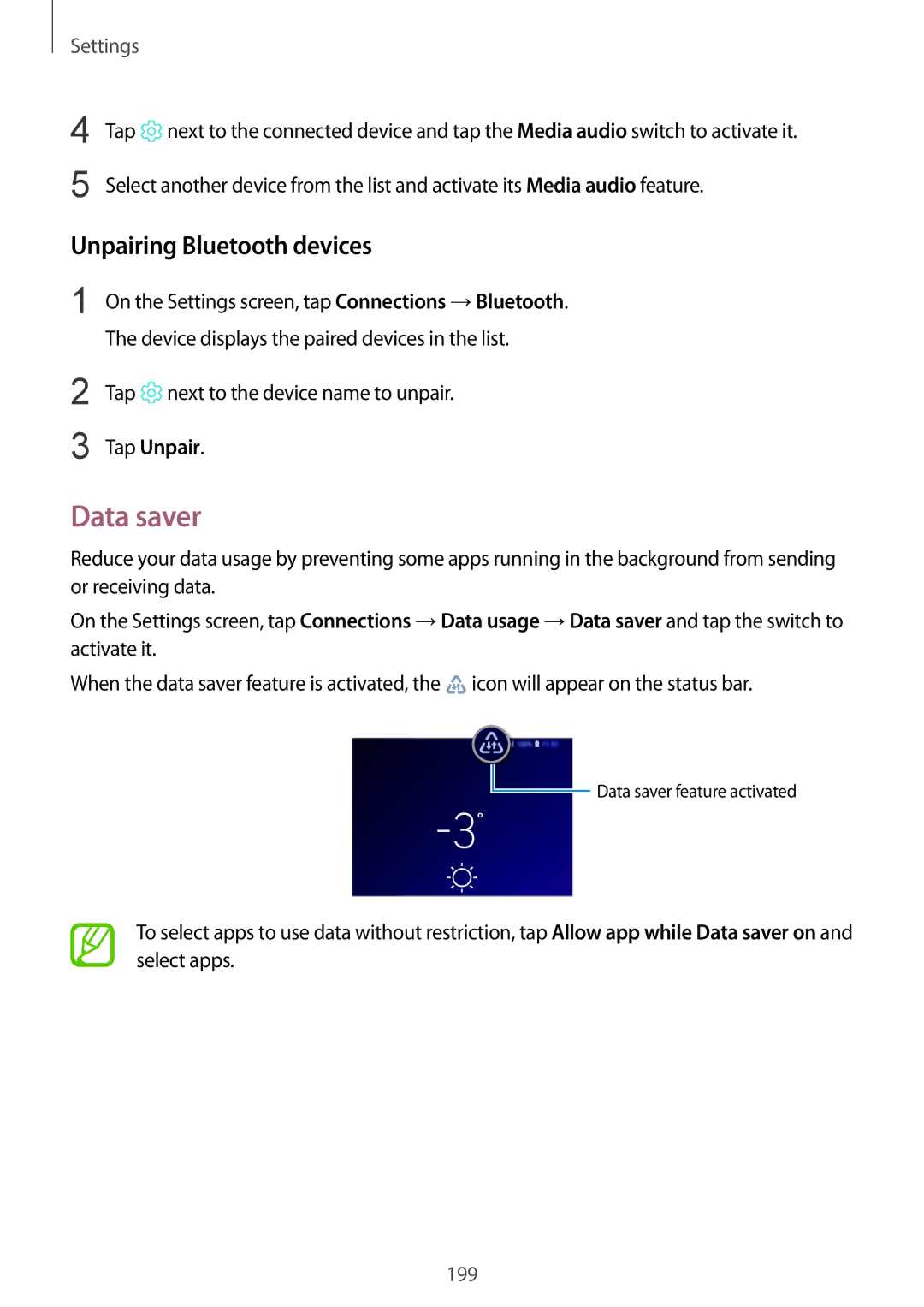 Samsung SM-G960FZKACRO manual Data saver, Unpairing Bluetooth devices, Tap next to the device name to unpair, Tap Unpair 