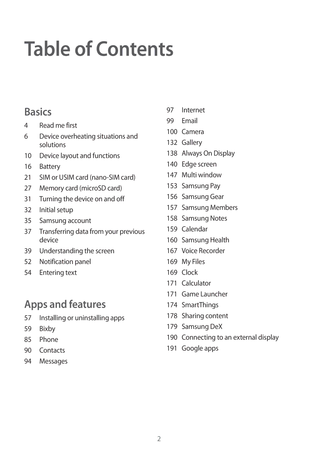 Samsung SM-G960FZBDDBT, SM-G960FZPDDBT, SM-G960FZAHDBT, SM-G960FZBADBT, SM-G960FZPADBT, SM-G965FZKADBT manual Table of Contents 