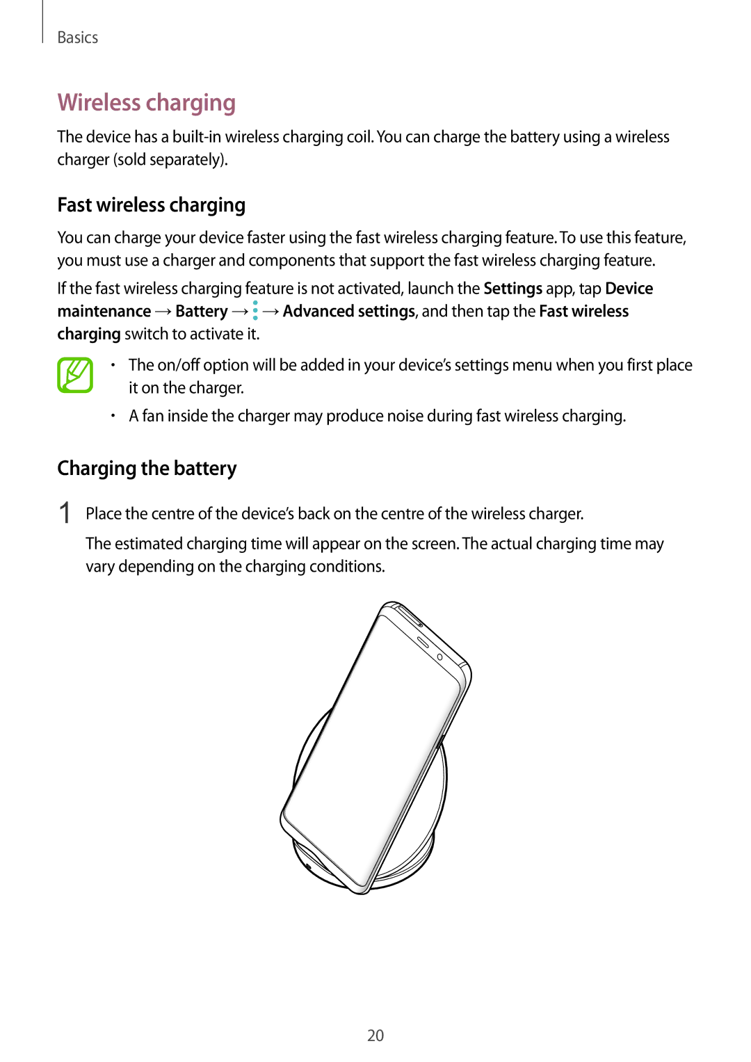 Samsung SM-G965FZPAHUI, SM-G960FZPDDBT, SM-G960FZAHDBT manual Wireless charging, Fast wireless charging, Charging the battery 