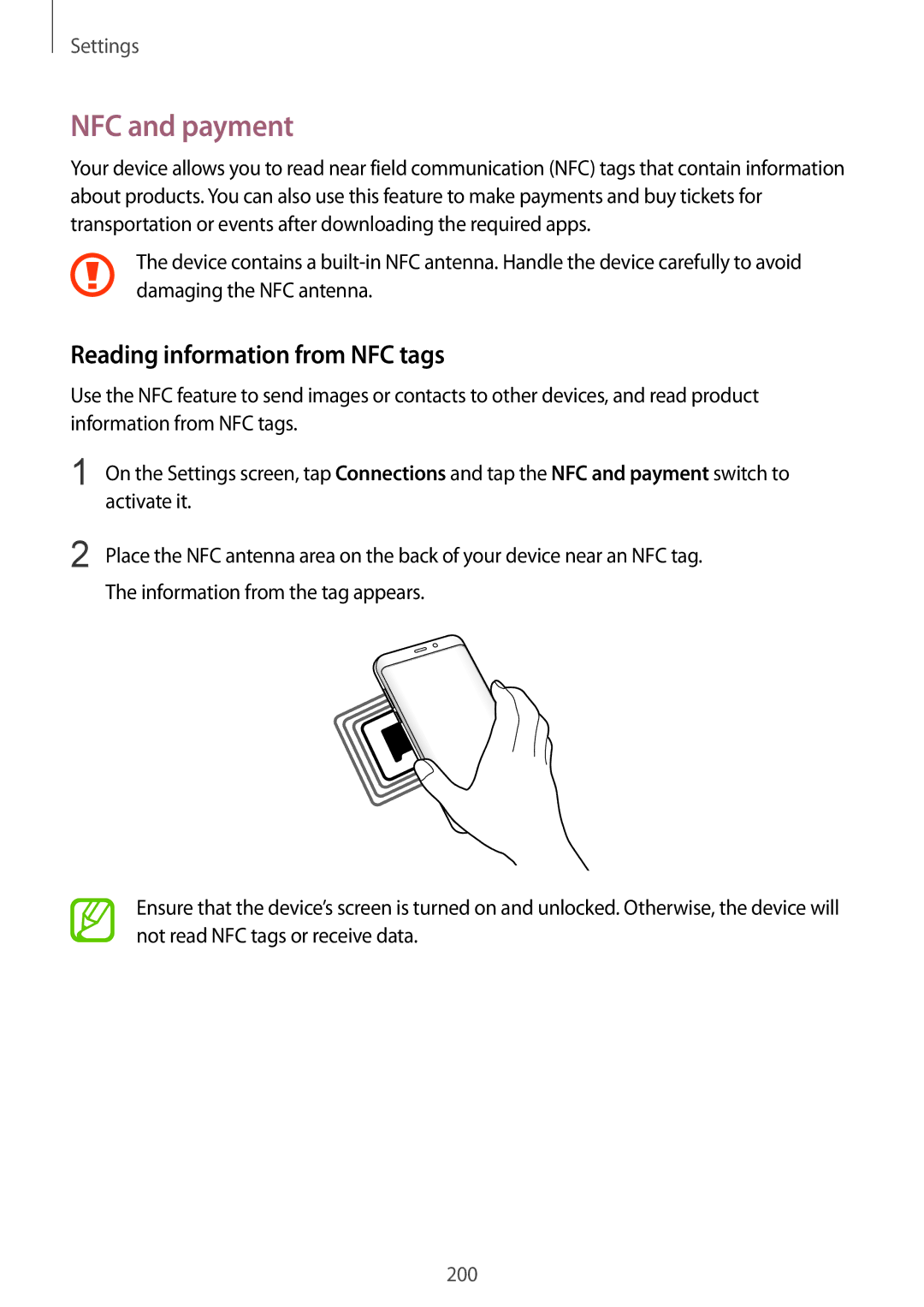 Samsung SM-G960FZPACRO, SM-G960FZPDDBT, SM-G960FZAHDBT, SM-G960FZBDDBT NFC and payment, Reading information from NFC tags 