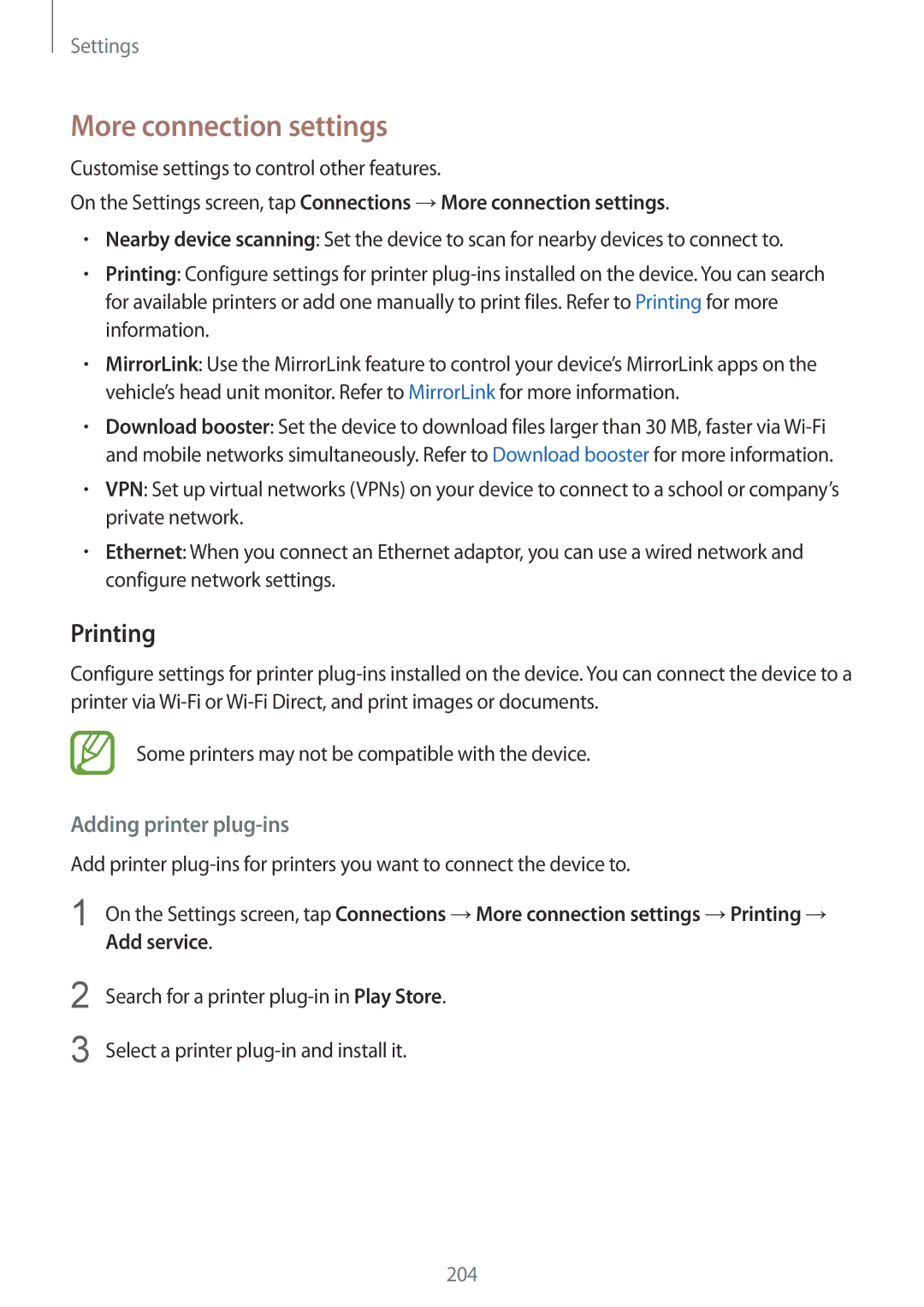 Samsung SM-G960FZKAO2C, SM-G960FZPDDBT, SM-G960FZAHDBT manual More connection settings, Printing, Adding printer plug-ins 