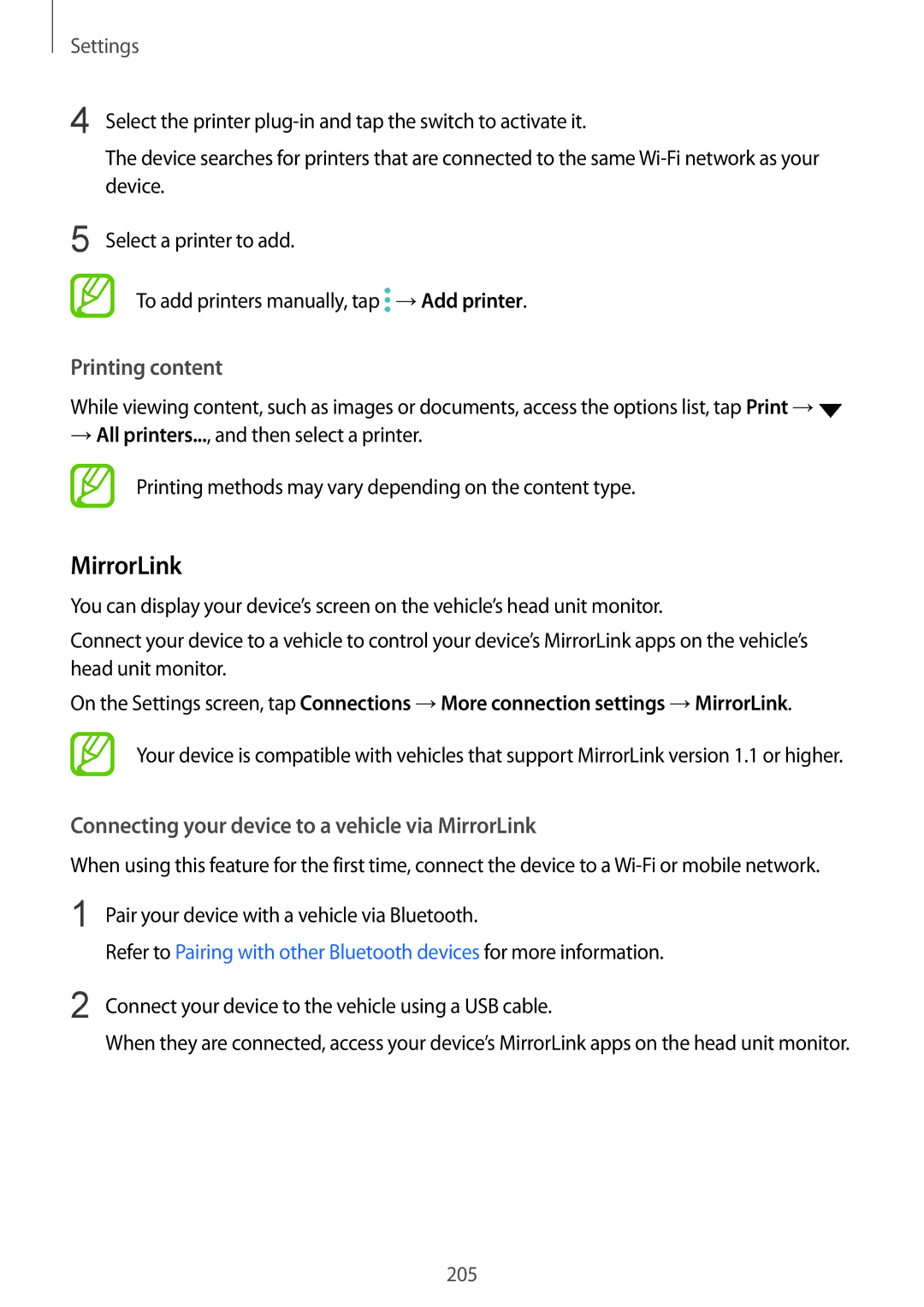 Samsung SM-G965FZPAO2C, SM-G960FZPDDBT manual Printing content, Connecting your device to a vehicle via MirrorLink 