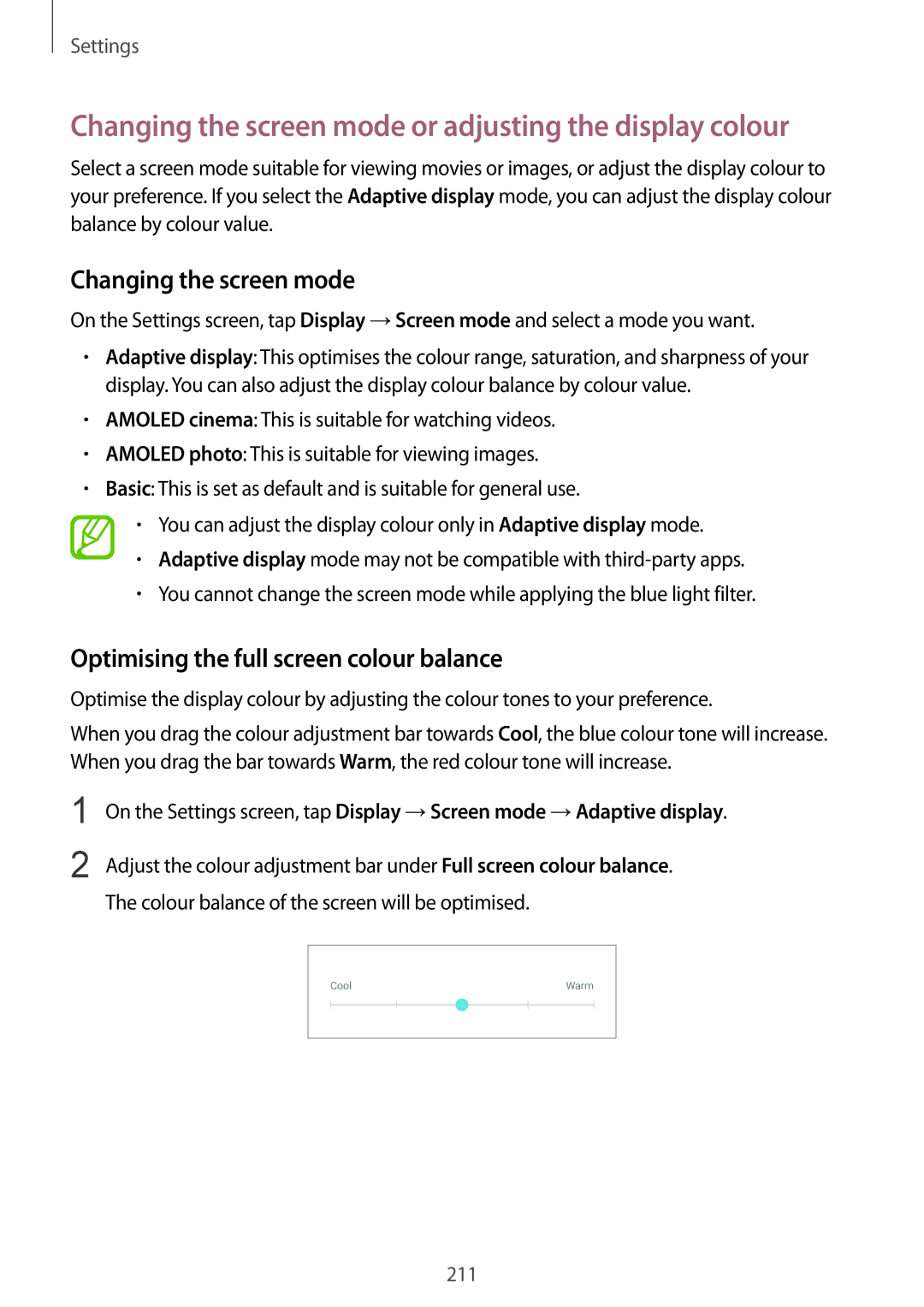 Samsung SM-G960FZKDNEE, SM-G960FZPDDBT, SM-G960FZAHDBT Changing the screen mode, Optimising the full screen colour balance 