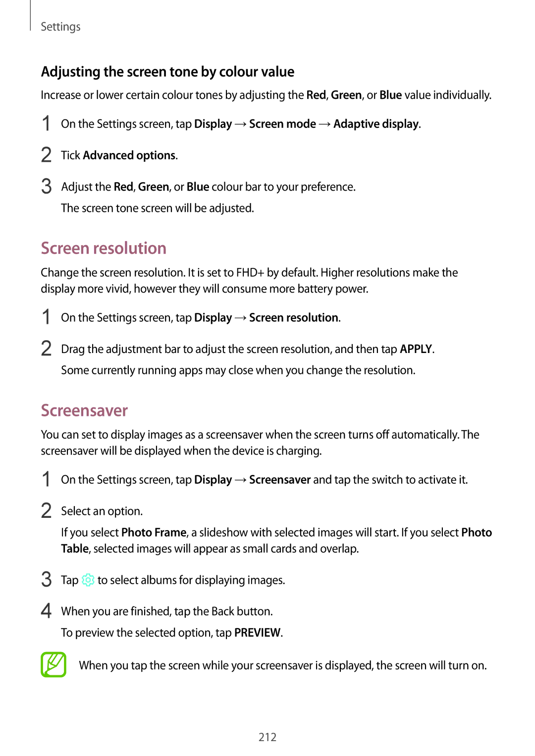 Samsung SM-G960FZBDNEE manual Screen resolution, Screensaver, Adjusting the screen tone by colour value, Select an option 
