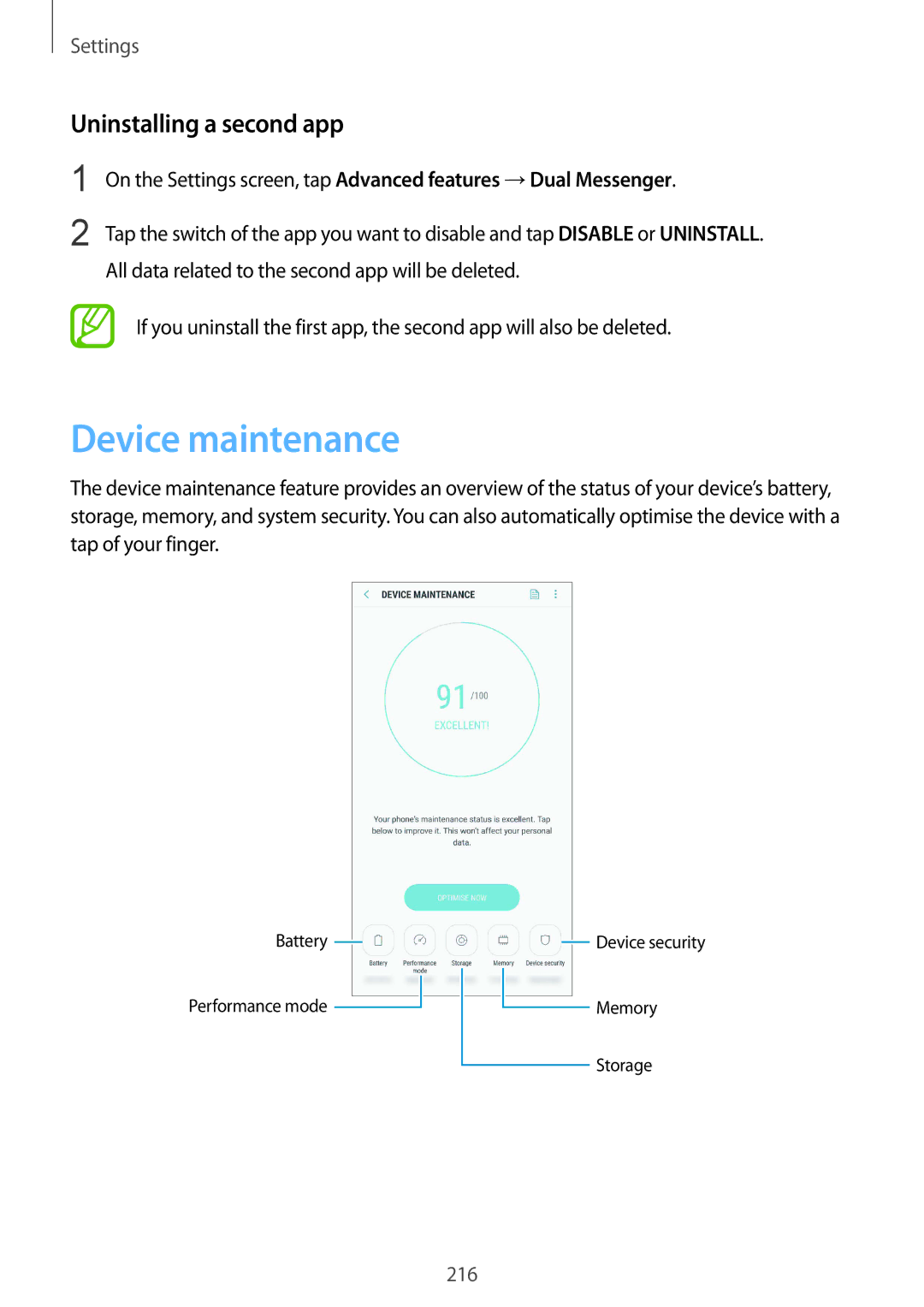 Samsung SM-G965FZPDNEE, SM-G960FZPDDBT, SM-G960FZAHDBT, SM-G960FZBDDBT manual Device maintenance, Uninstalling a second app 