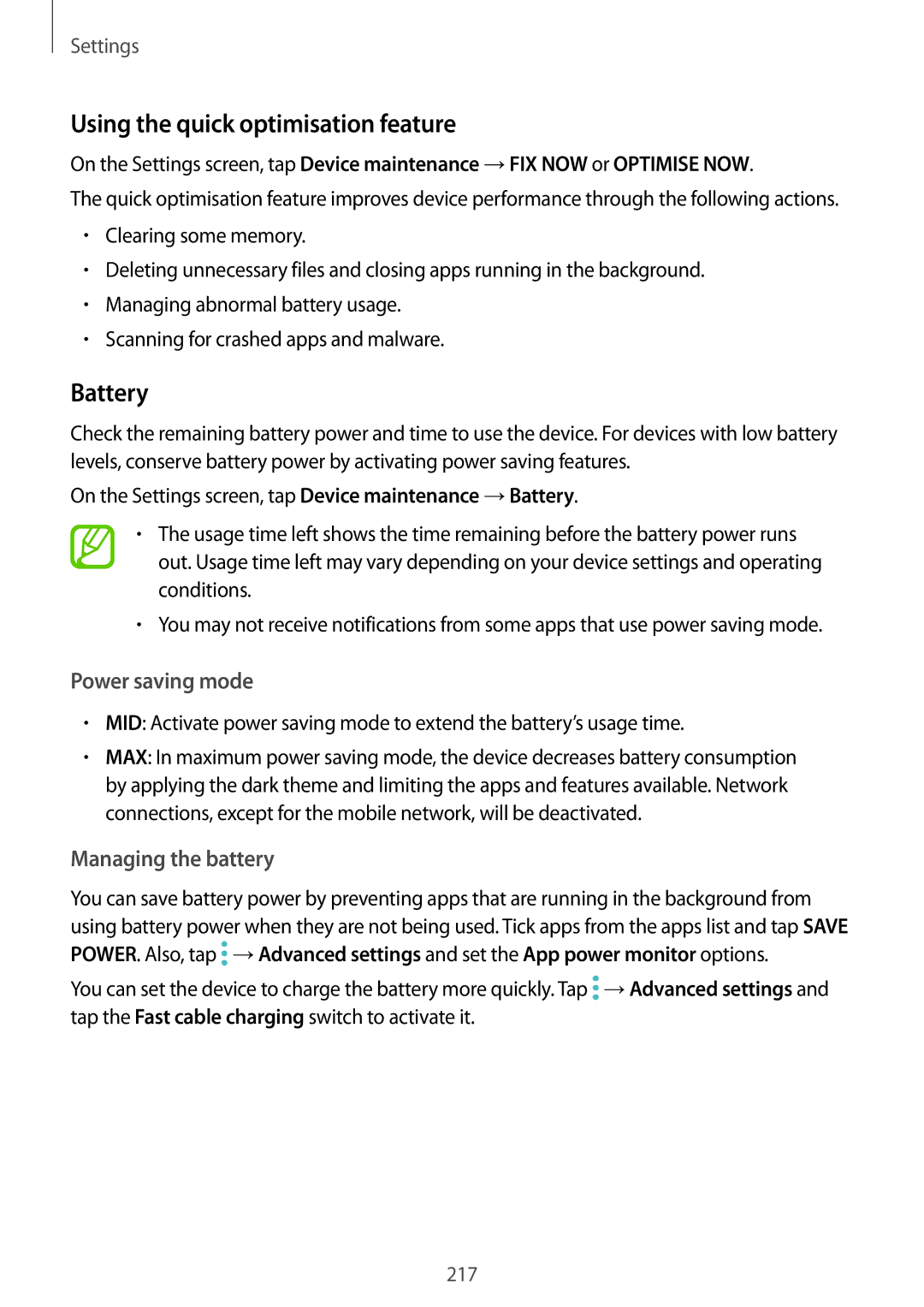 Samsung SM-G960FZBDSEB manual Using the quick optimisation feature, Battery, Power saving mode, Managing the battery 