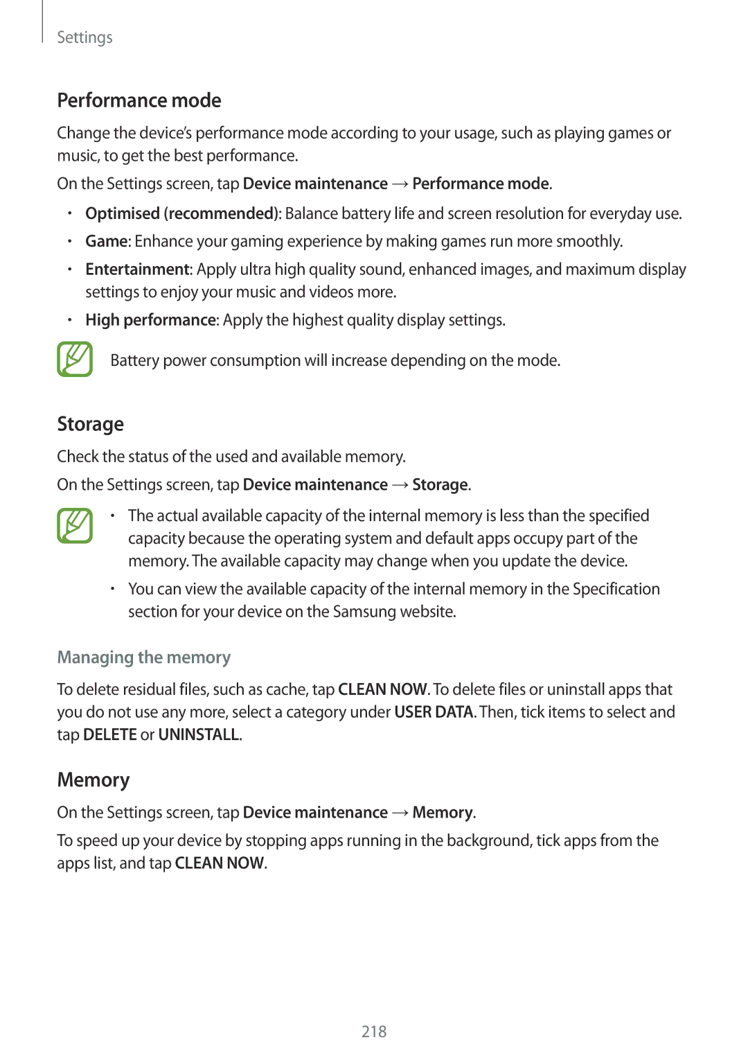 Samsung SM-G965FZKDSEB, SM-G960FZPDDBT, SM-G960FZAHDBT manual Performance mode, Storage, Memory, Managing the memory 