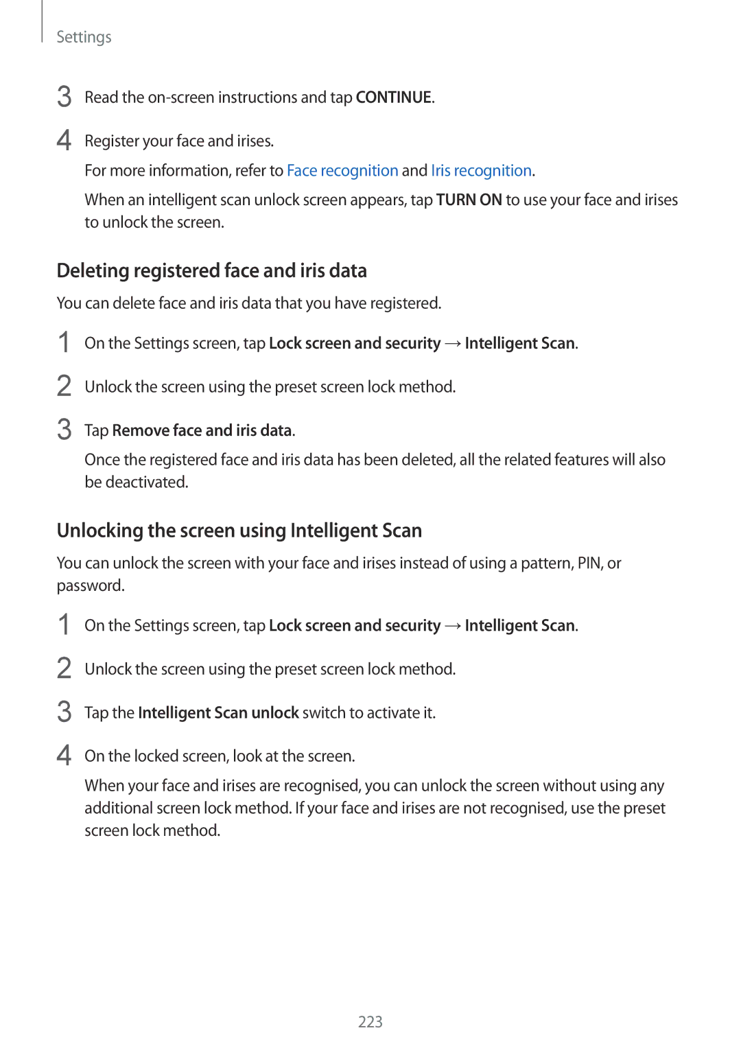 Samsung SM-G960FZBAVGR, SM-G960FZPDDBT Deleting registered face and iris data, Unlocking the screen using Intelligent Scan 