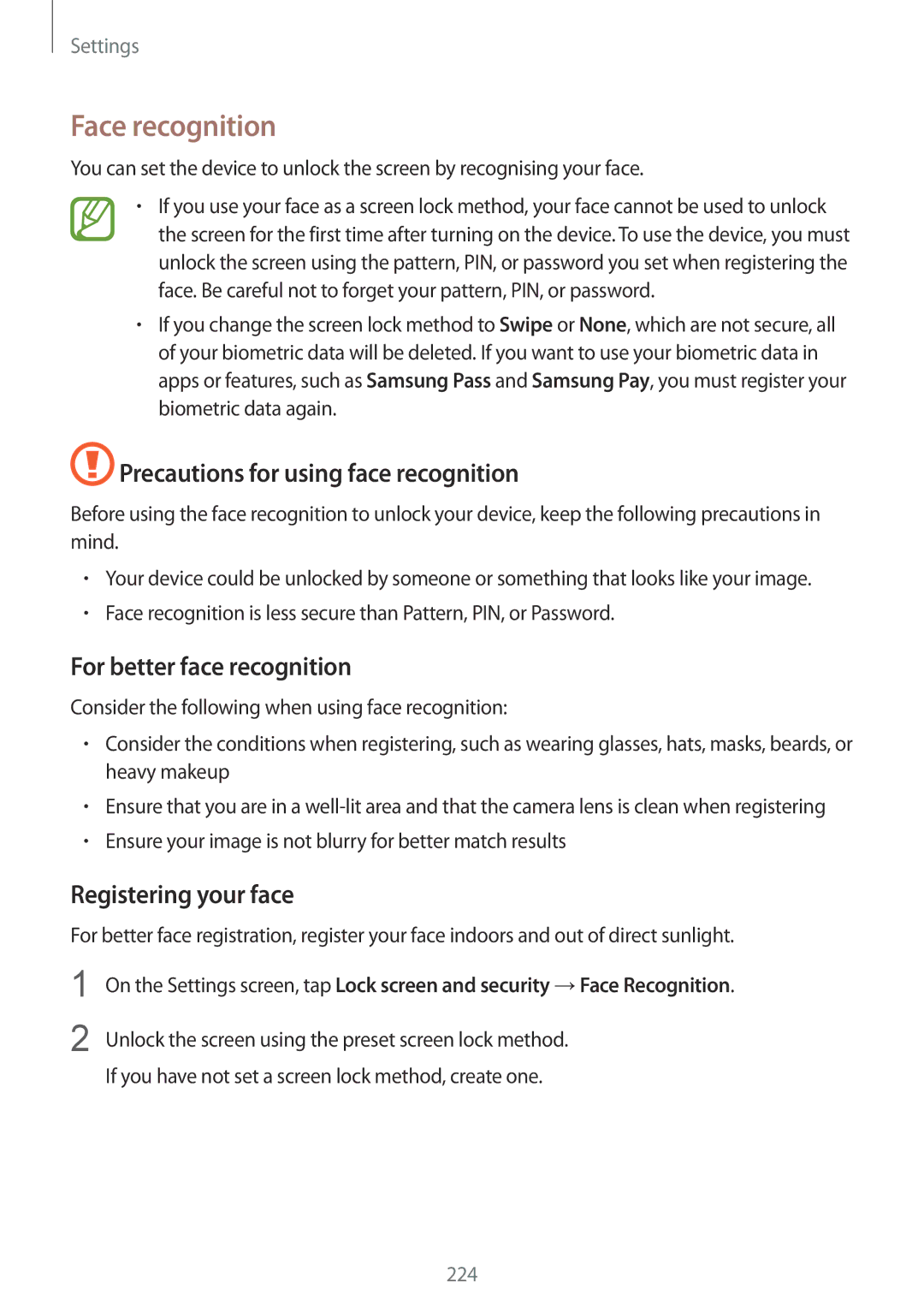 Samsung SM-G960FZKAVGR manual Face recognition, Precautions for using face recognition, For better face recognition 