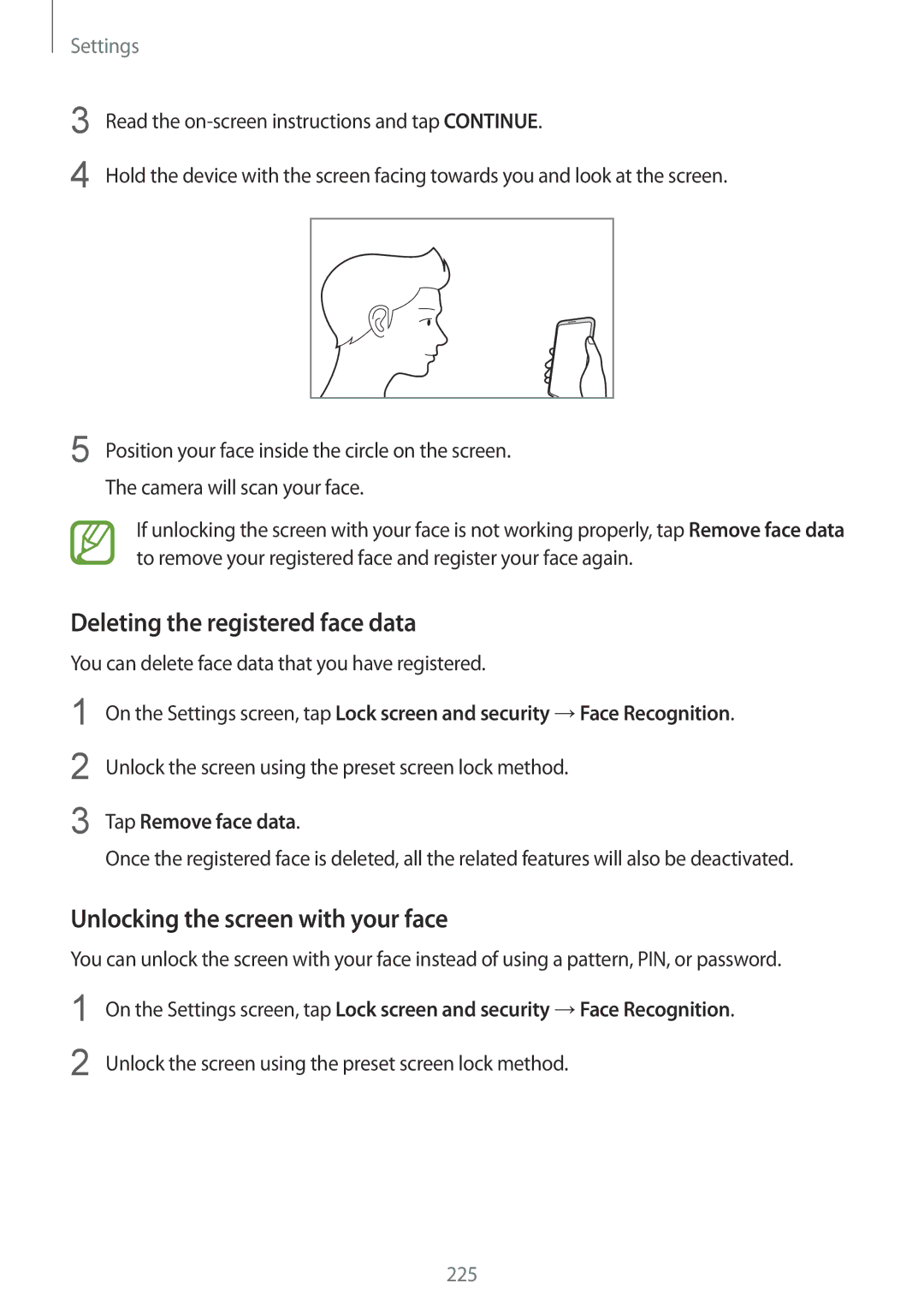 Samsung SM-G965FZBAVGR manual Deleting the registered face data, Unlocking the screen with your face, Tap Remove face data 
