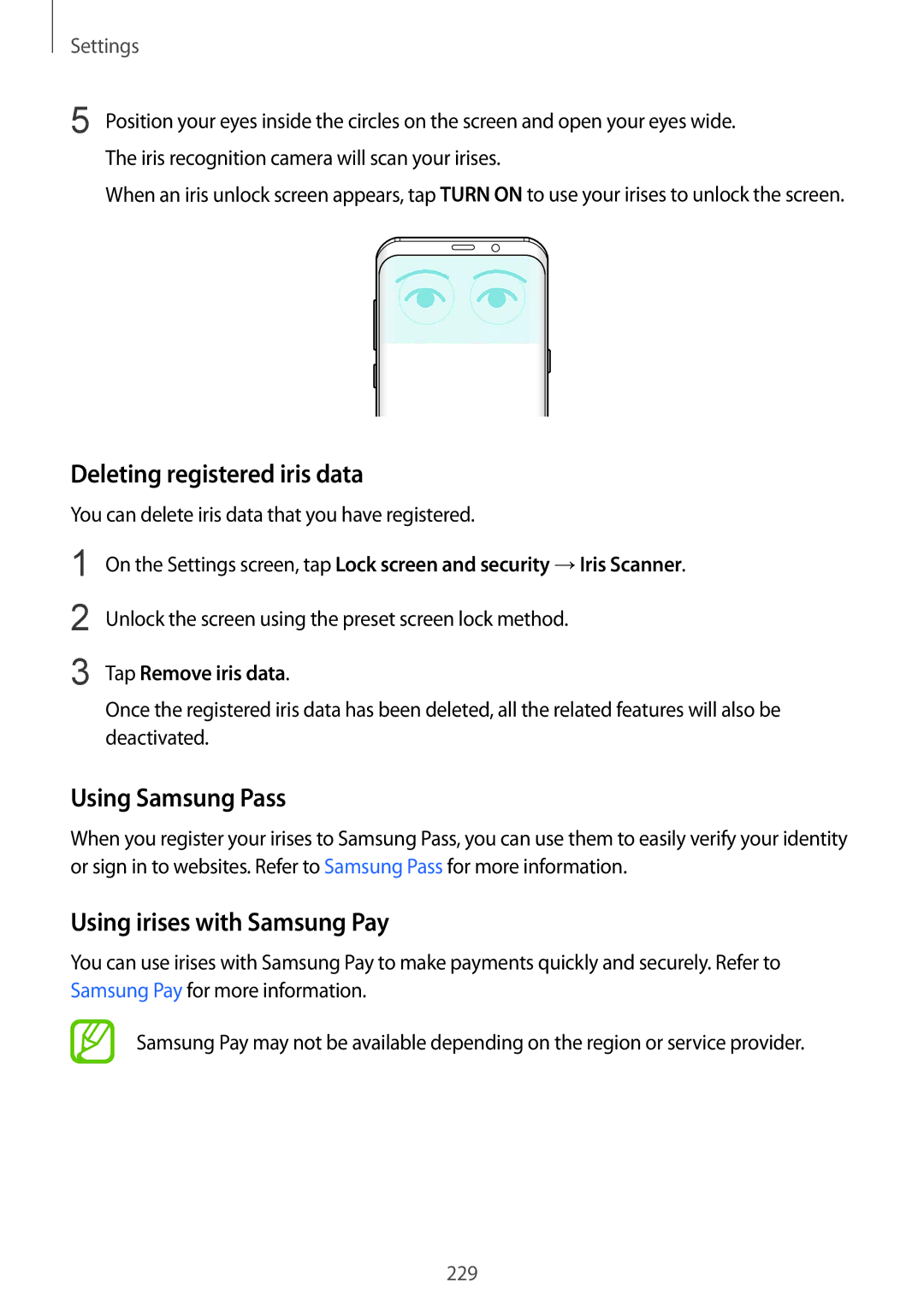 Samsung SM-G965FZBDCOS, SM-G960FZPDDBT Deleting registered iris data, Using Samsung Pass, Using irises with Samsung Pay 