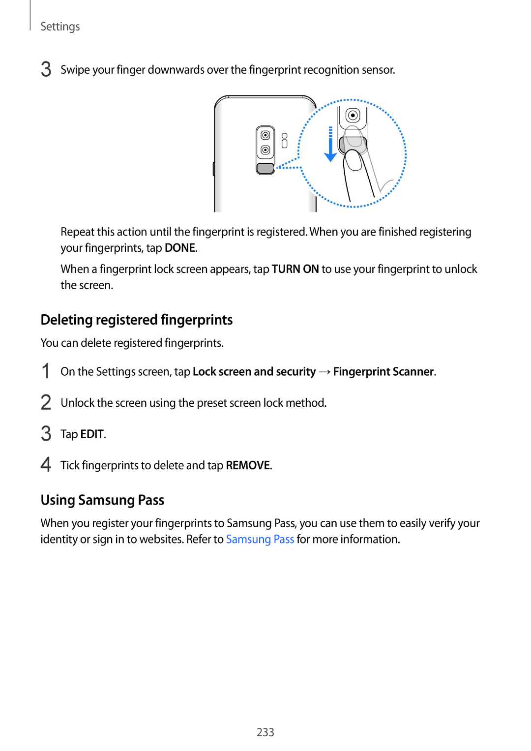 Samsung SM-G965FZKAVGR, SM-G960FZPDDBT manual Deleting registered fingerprints, You can delete registered fingerprints 