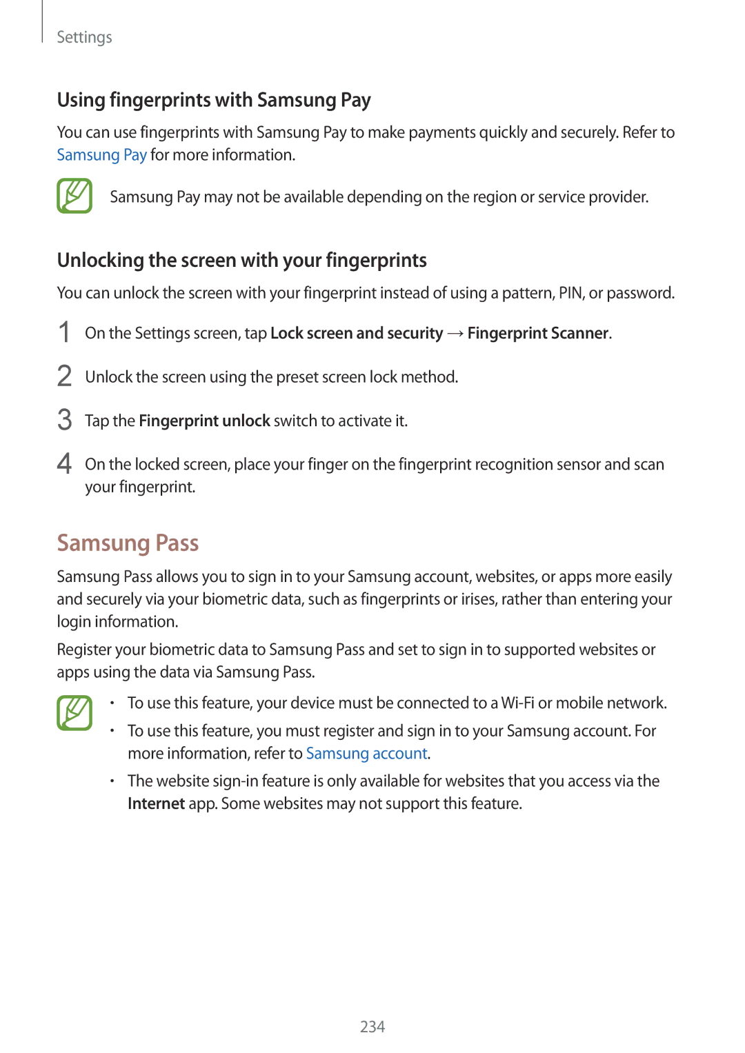 Samsung SM-G960FZBDCOS Samsung Pass, Using fingerprints with Samsung Pay, Unlocking the screen with your fingerprints 