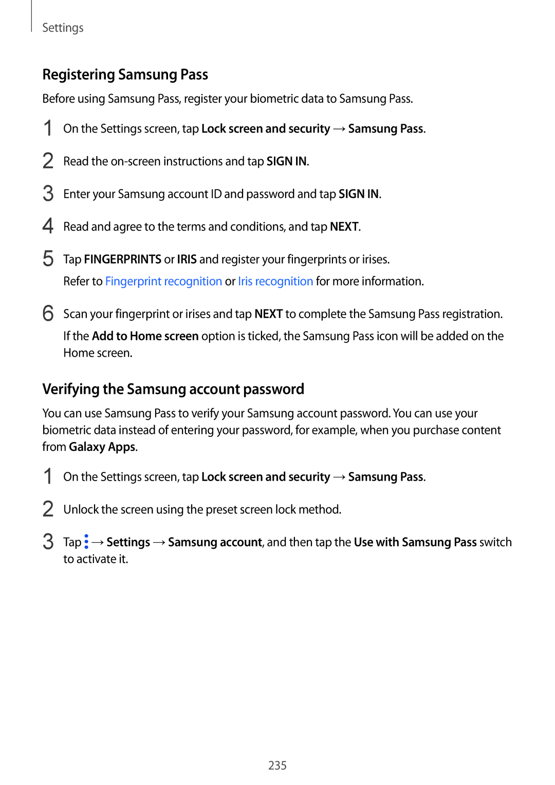 Samsung SM-G960FZKDCOS, SM-G960FZPDDBT, SM-G960FZAHDBT Registering Samsung Pass, Verifying the Samsung account password 